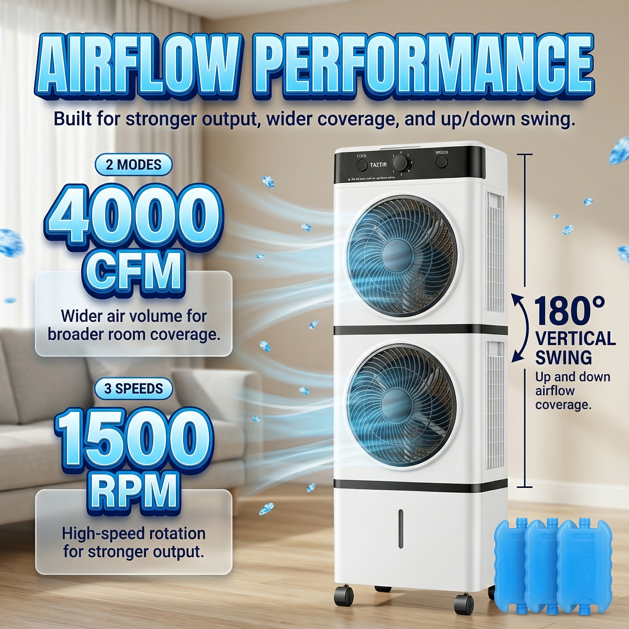 Portable Dual-Head Air Cooler Fan, 24Ft Reach, 2 Modes, 3 Speeds,... product image 7