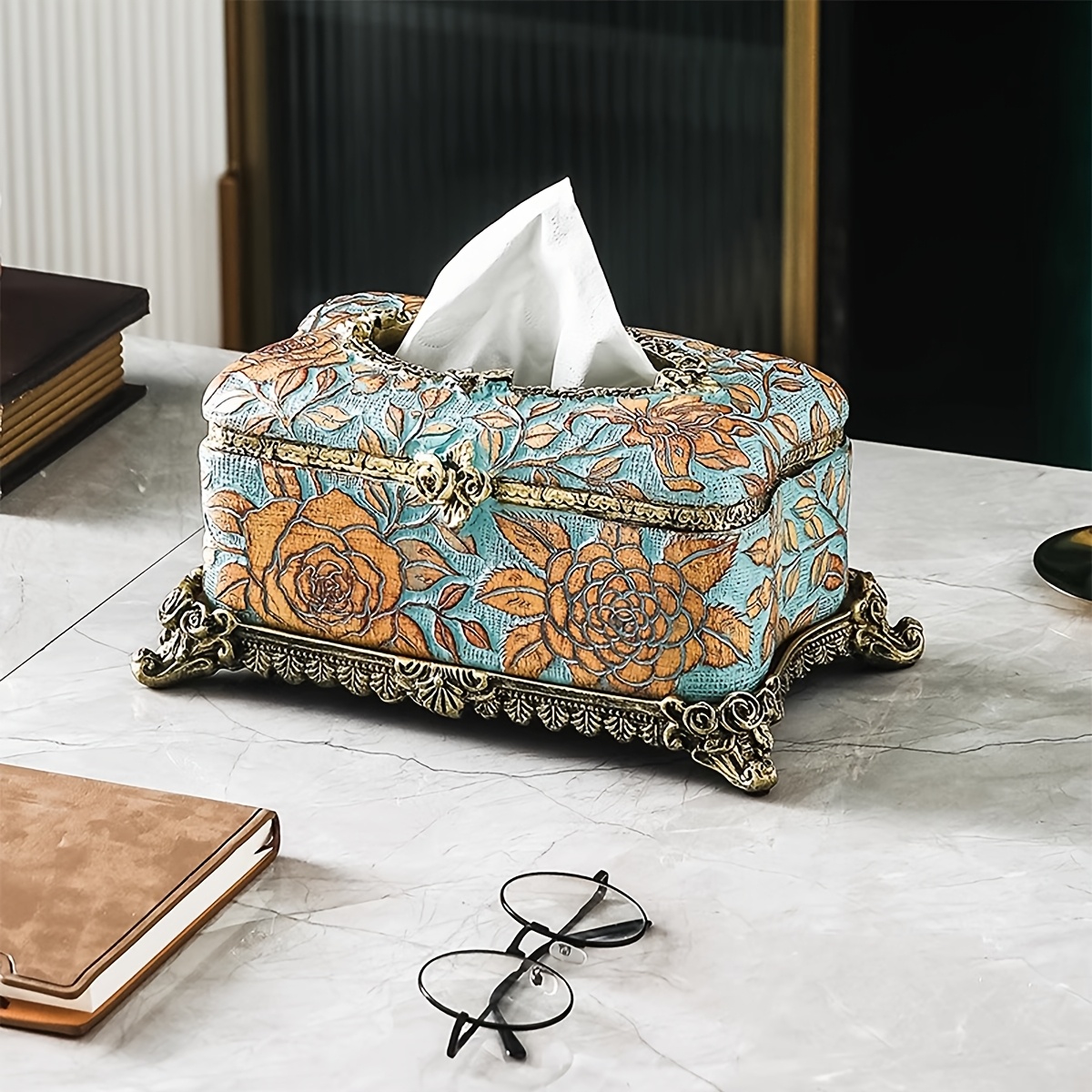elegant floral resin tissue box holder square design with golden accents   bathroom desktop decor ideal christmas or halloween gift bathroom decor and accessories Product details 0
