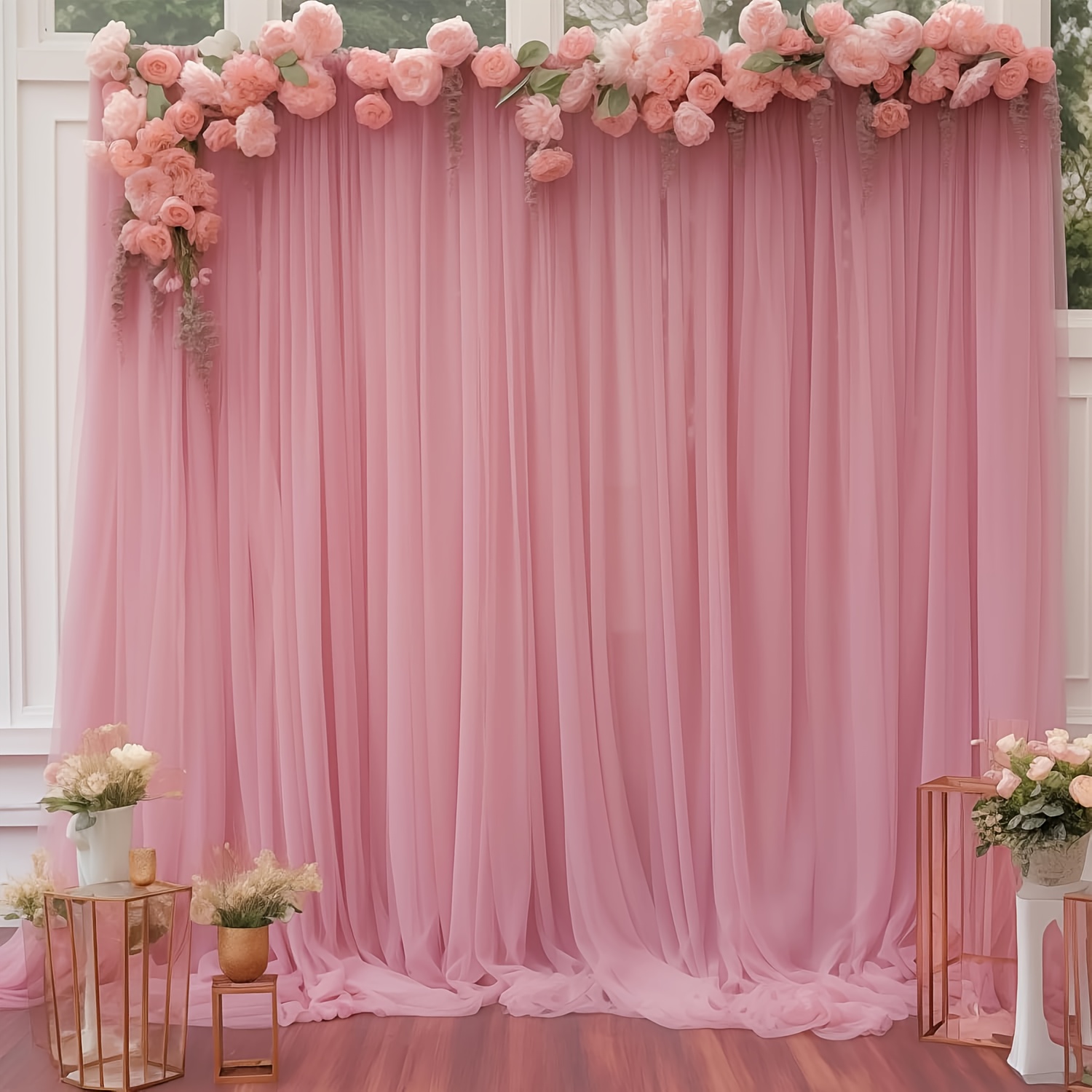 TEMU 1pc Rose Pink Sheer Fabric Backdrop For Parties, Measuring 63*196 Inches, Featuring A Hole-, Perfect For Wedding Photography And Birthday Party Decorations