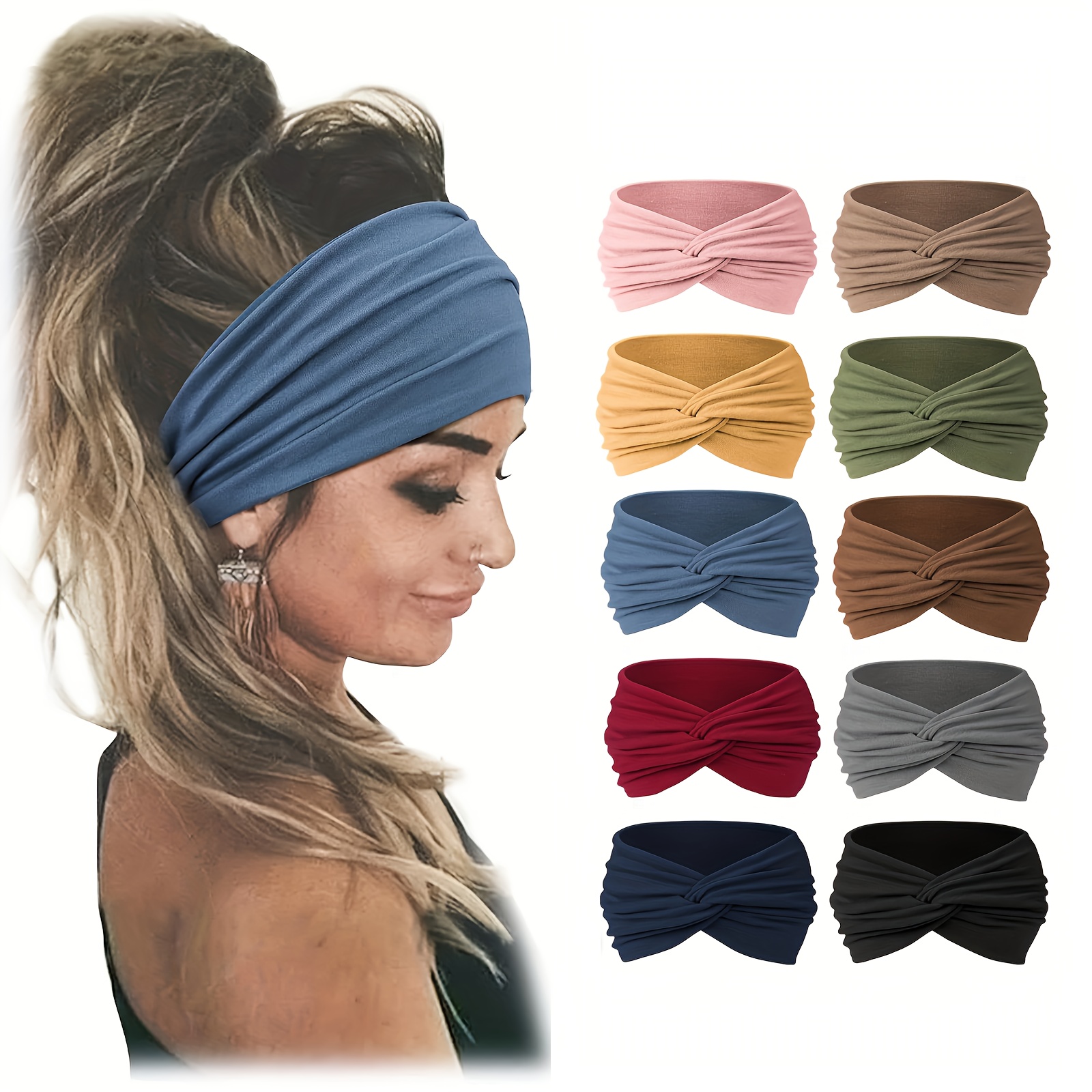 

10pcs Chic Wide Headbands For Women - Soft, Stretchy & Non-slip Hair Bands For Yoga, Running & Sports