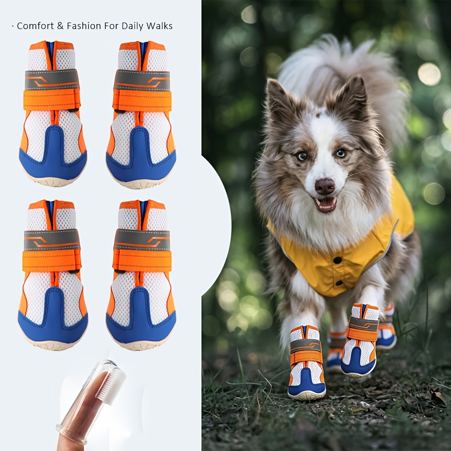 4pcs Orange Dog Boots with Reflective Strips, Non-Slip Design