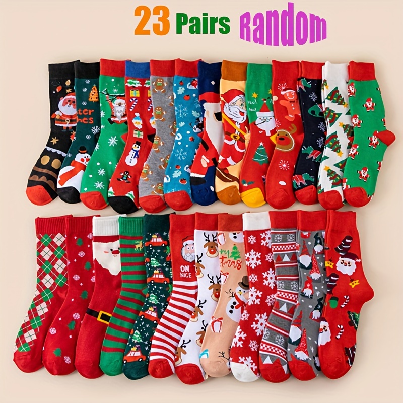 Image of Random 9/19/23 Pairs Unisex Autumn Winter Christmas Santa Claus Christmas Tree Plaid Snowflake Stripe Free Flying Pattern Soft Comfortable Mid-calf Socks Share With Christmas Gift