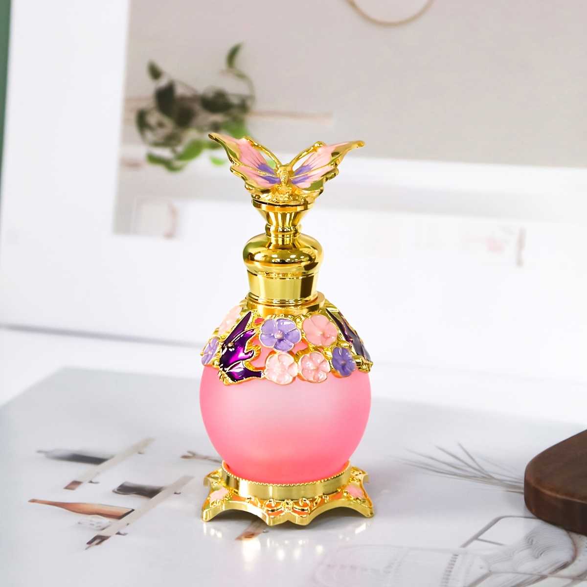 TEMU Botella esférica de vidrio de 15 ml con diseño de y flor, adecuada para rellenar recipientes, botella portátil de aceite para perfume, regalo
