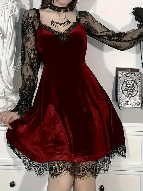 Gothic Versatile Hip-Hop Bow Small Moon Velvet Lace * Fashionable Bust-Enhancing Boat Neck Hourglass Mesh Lace Sleeve Dress, Cosplay, Cute * Graduation Ceremony Gothic Versatile Hip-Hop Bow Small Moon Velvet Lace * Fashionable Bust-Enhancing Boat Neck Hourglass Mesh Lace Sleeve Dress, Cosplay, Cute * Graduation Ceremony