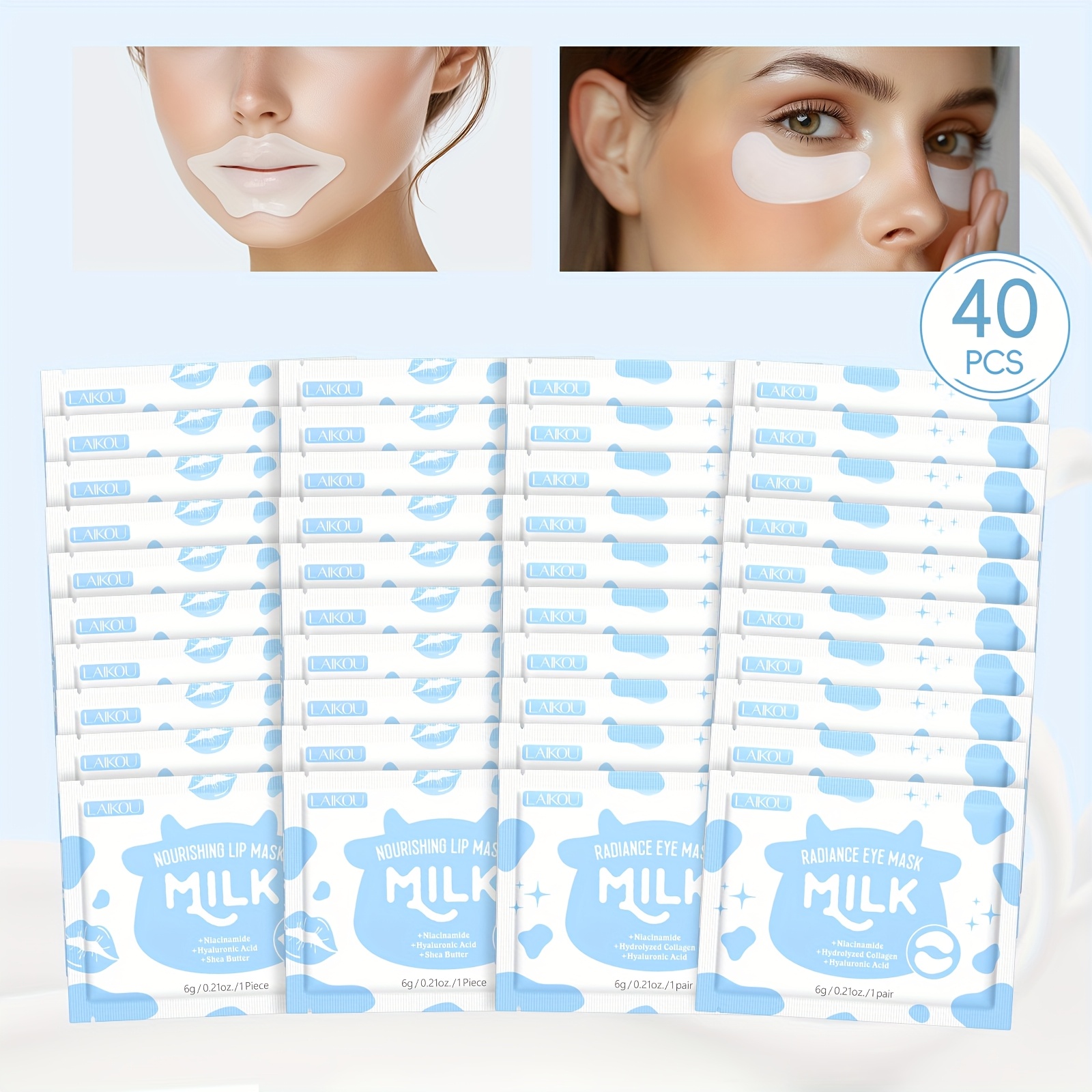 Image of Laikou Milk Eye & Lip Care 40pcs, 20 Packs Lip & Eye Masks Each - Niacinamide & Hyaluronic Acid, Deep Moisturizing, Types, Hypoallergenic, | Hydrating Masks | Gentle Ingredients
