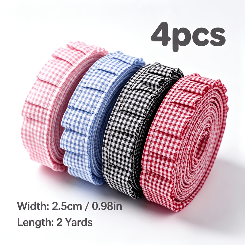 TEMU 4pcs Ruban à Volants Gingham, Pouces de Largeur, Garniture Plaid Vintage, Décoration pour Extensions de Cheveux, Robes, Sacs à Main et Artisanat