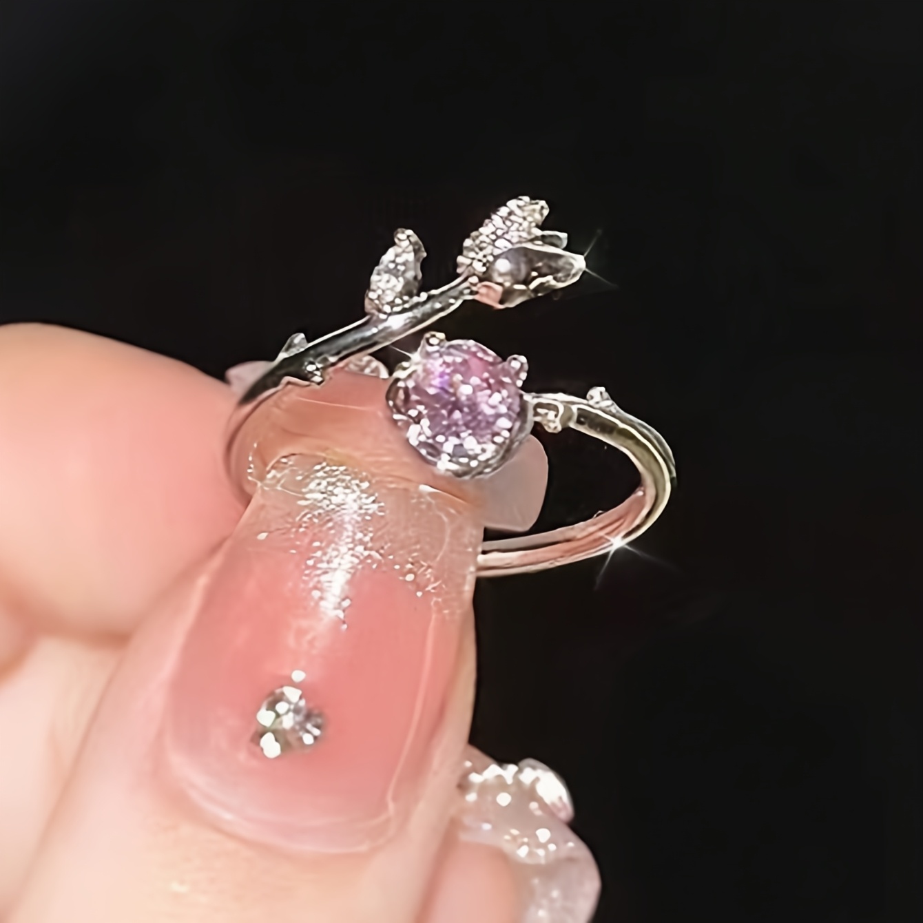 Women's Pink Dainty Adjustable Zirconia Rose Ring, Boho Style