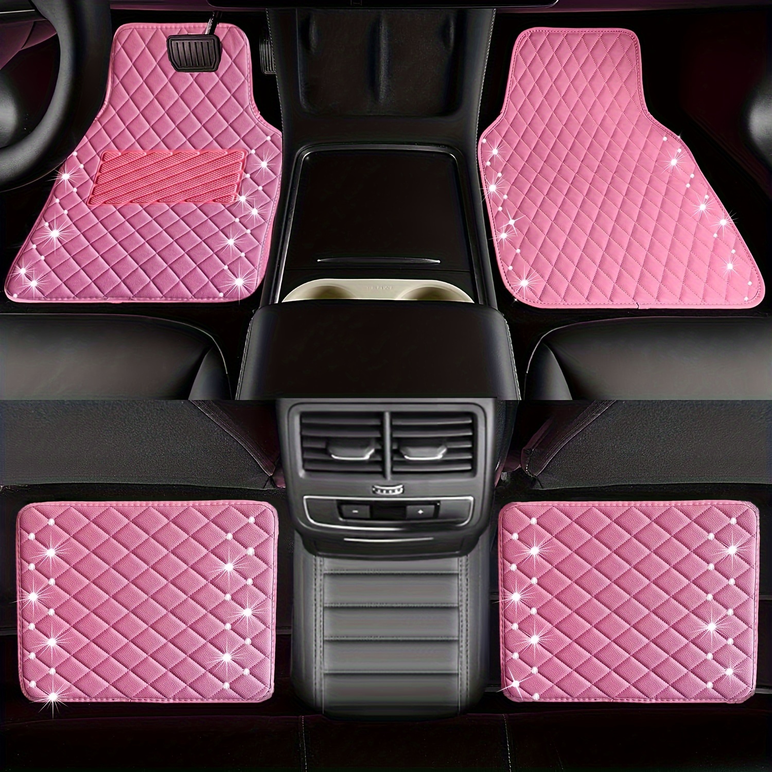 

Shining Rhinestones Carpet, Bling Crystal Diamond Sparkly Glitter Car Floor Mat, Pu Leather Heel Pad Automotive Universal Fit For Suv Sedan Van, 4pcs For Girl Pink Cute Women