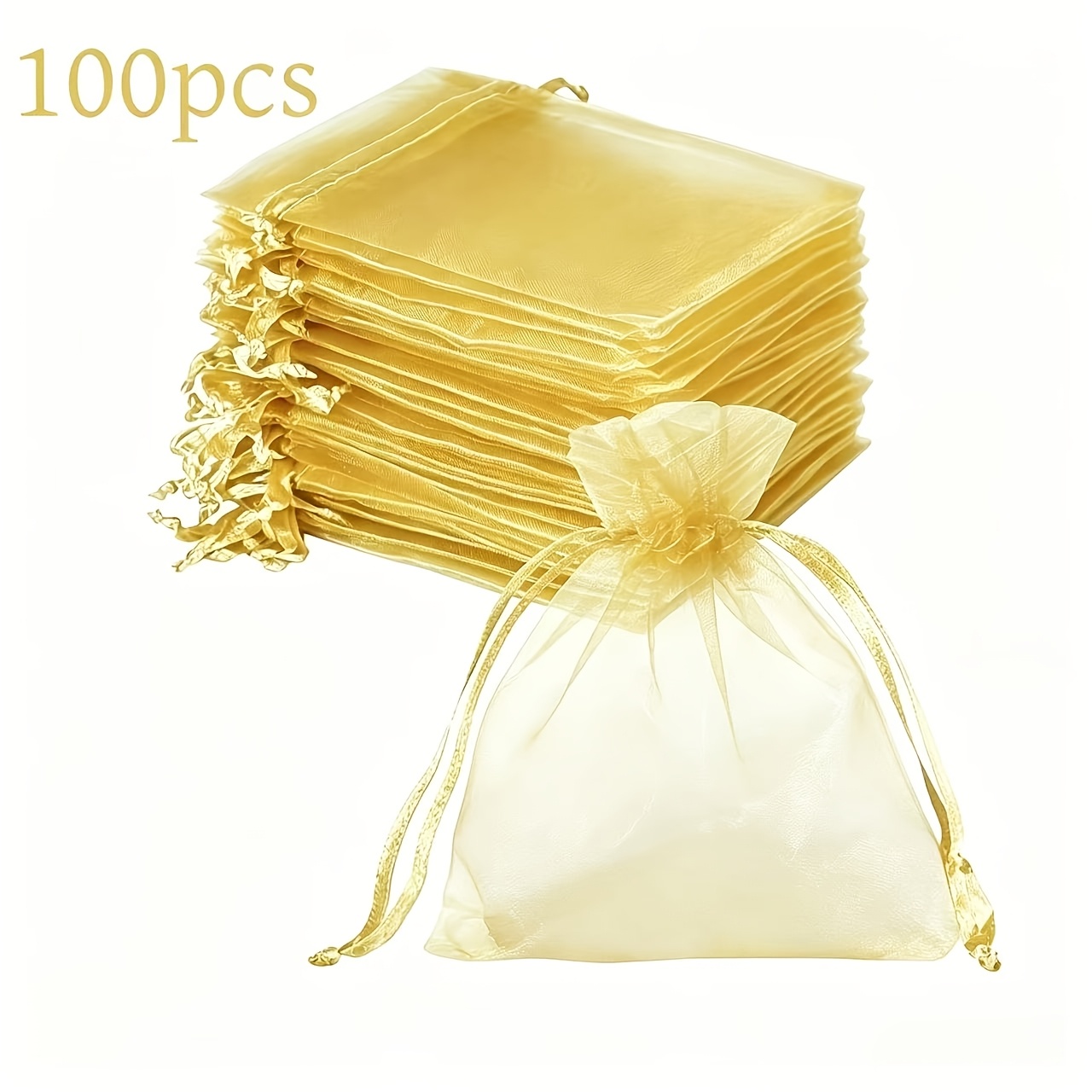 TEMU 100 Stück goldene, transparente Organza-Geschenktüten mit Kordelzug (3,54 Zoll x 2,76 Zoll), für Hochzeitsgeschenke, Partygeschenke, Schmuck und