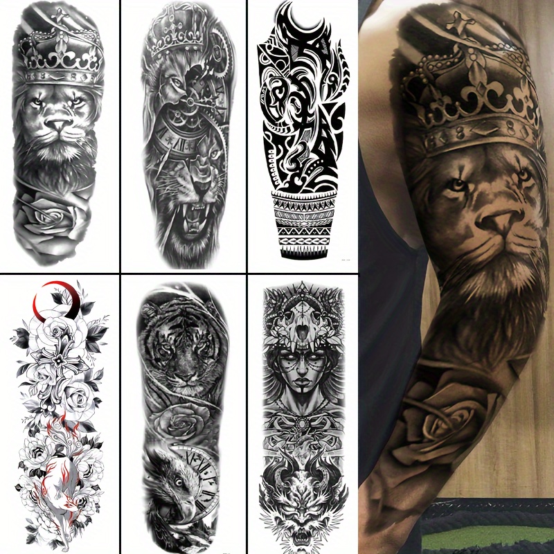 Mangas de tatuaje tribal para hombres, tatuajes temporales grandes de 8  hojas para mujeres, tatuajes de manga completa con tótem negro, tatuajes