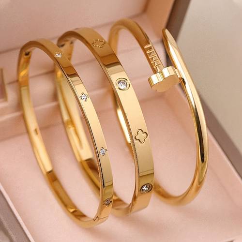 3pcs women stainless steel bangle set stainless steel flower nail bracelet suitable for womens parties daily wear european and luxurious square crystal zirconia wristband wedding jewelry set gift for ladies