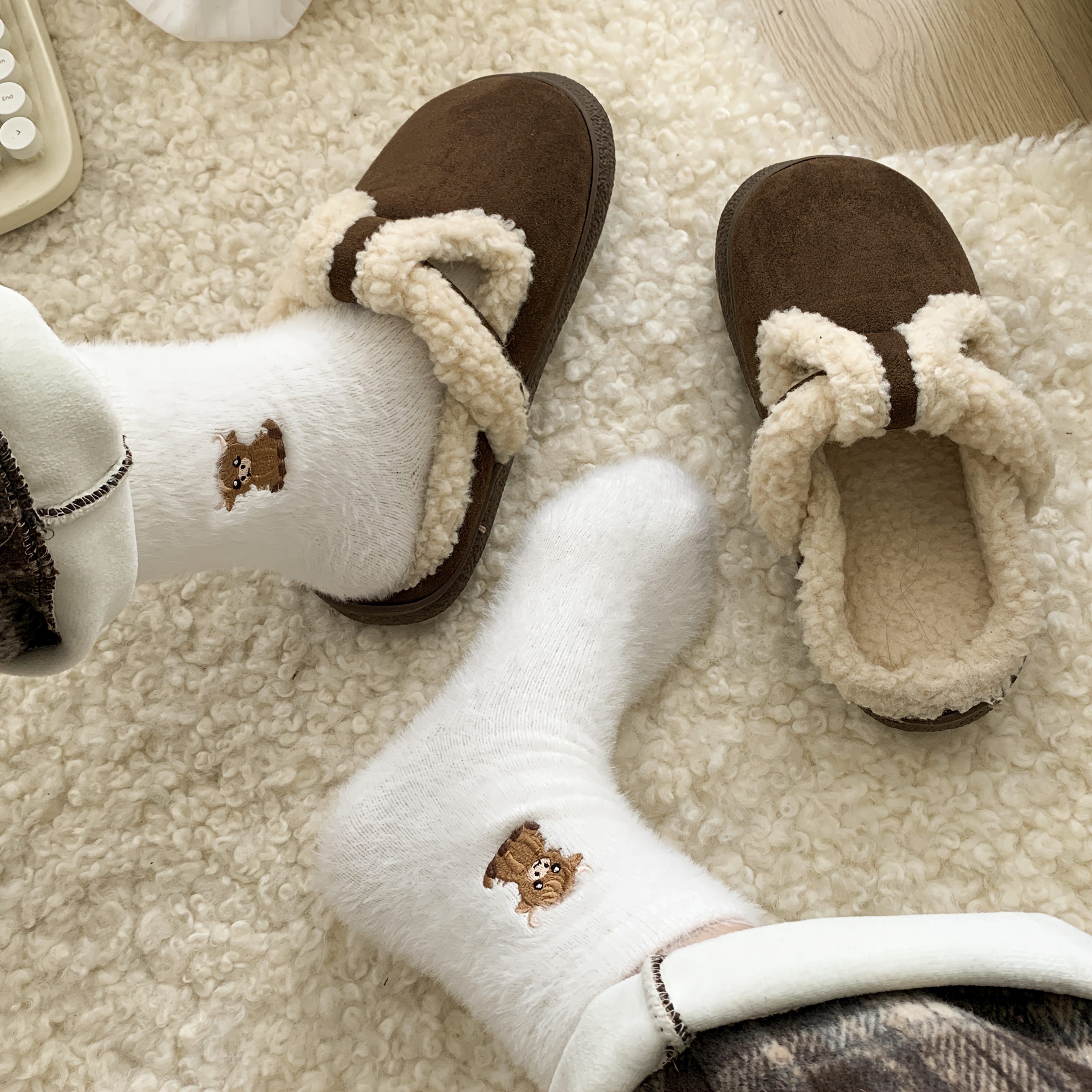 5 pairs womens cow embroidered plush socks winter thick warm soft floor socks with cute cartoon cow design   lounge socks for cold weather brown neutral tones hand   clean fluffy socks indoor       fabric construction  able loungewear stylish loungewear durable stitching     Product details 9