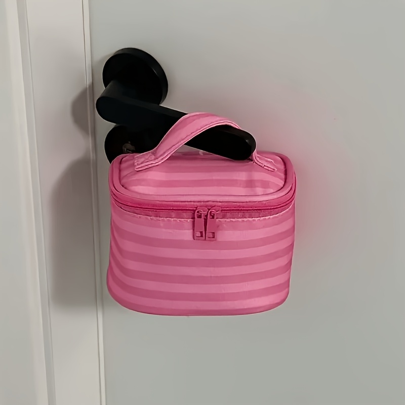 TEMU Pink Striped Cosmetic Bag, Large Capacity, Sturdy And Portable, Travel Essential For Makeup Storage, Perfect As Holiday Gifts Or Souvenirs
