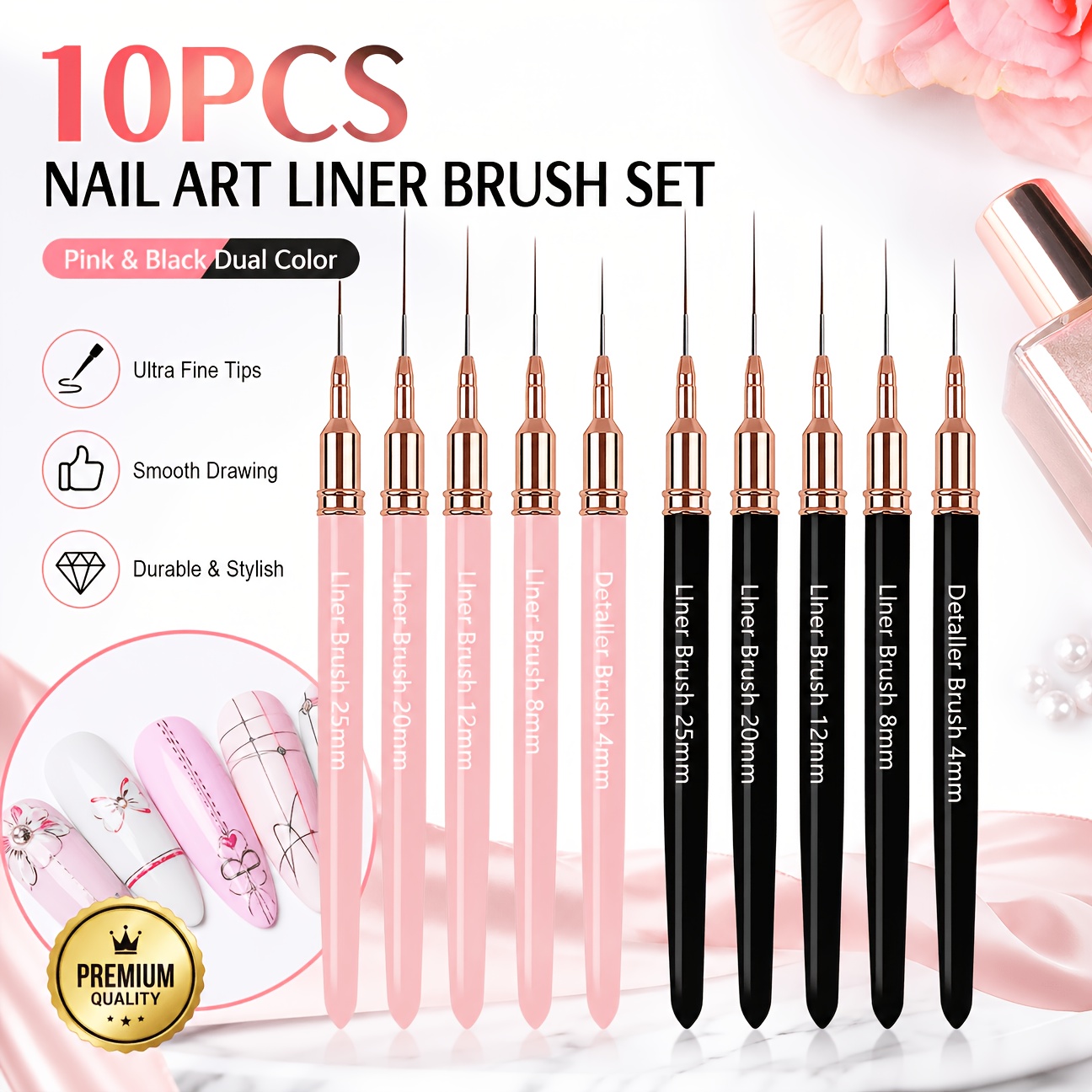 TEMU Professional Nail Art Liner Brushes Set 10pcs, Ultra Fine Tip For Detailed Striping, Drawing & Nail Design, Diy Manic