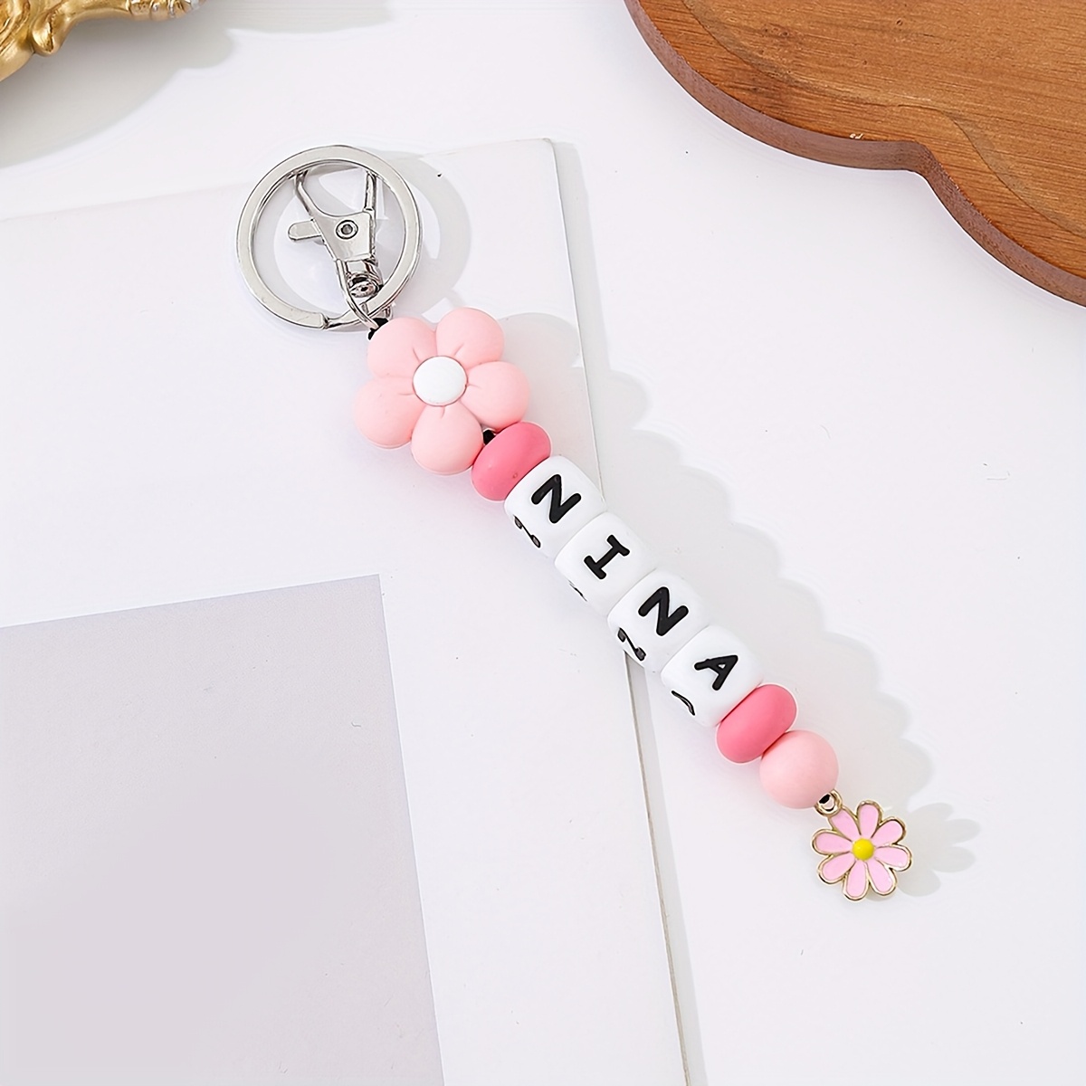 TEMU 1 Personalized Sunflower Keychain - Custom Name/initial, Purple Red Floral Beads, Choose Your Text (a-z/0). Cute Lobster Clasp Flower Silicone