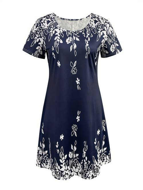 womens navy blue floral print short sleeve dress lightweight breathable round neck vacation dress for spring summer travel casual beach leisure activities beach dresses summer outfit flowy fabric