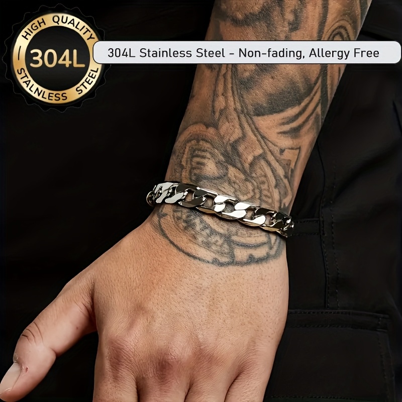 TEMU 1pc Men's Not-allergic Y2k 7mm Cuba Chain Bracelet, High Quality Non-fading 304l Stainless Steel Bracelet, Men's Wedding Bracelet, Father's Day