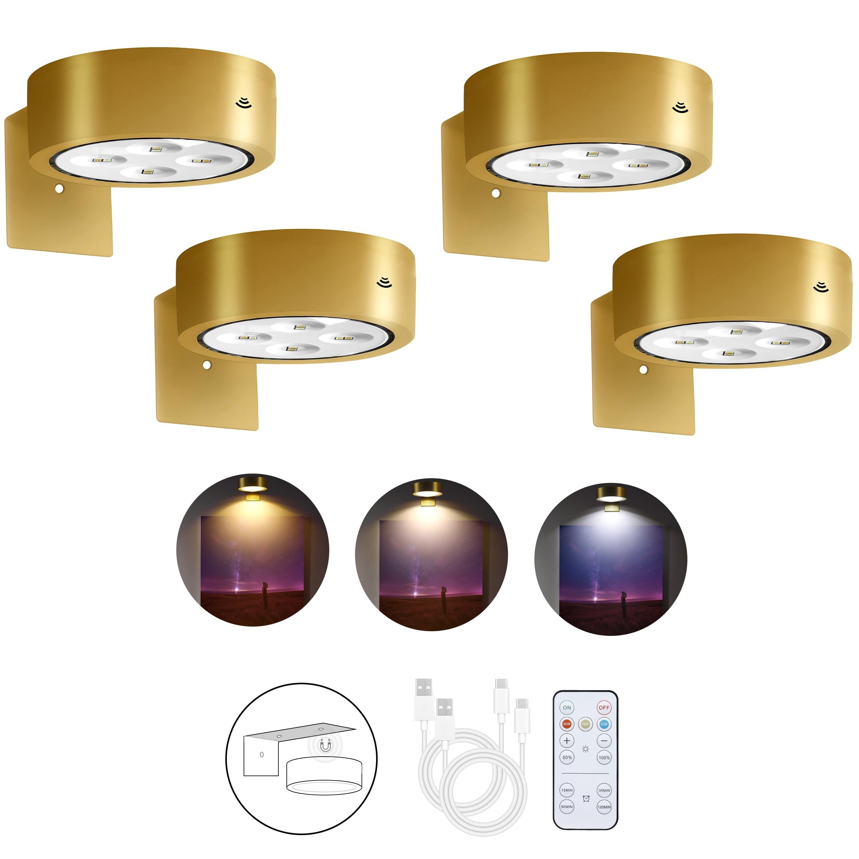 Lot De 4 Lampes Image à Batterie Rechargeable, Lampe De Peinture à LED Avec * à Distance, Variateur Et Minuterie, 3 * D'éclairage, Lampe D