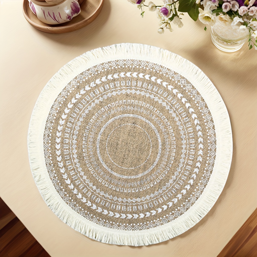 6pcs 8pcs 10pcs bohemian round tassel placemats   linen   beige white decorative fringe detail for dining tables in restaurants kitchens and home decor kitchen table decor bohemian style   linen placemats for table Product details 0
