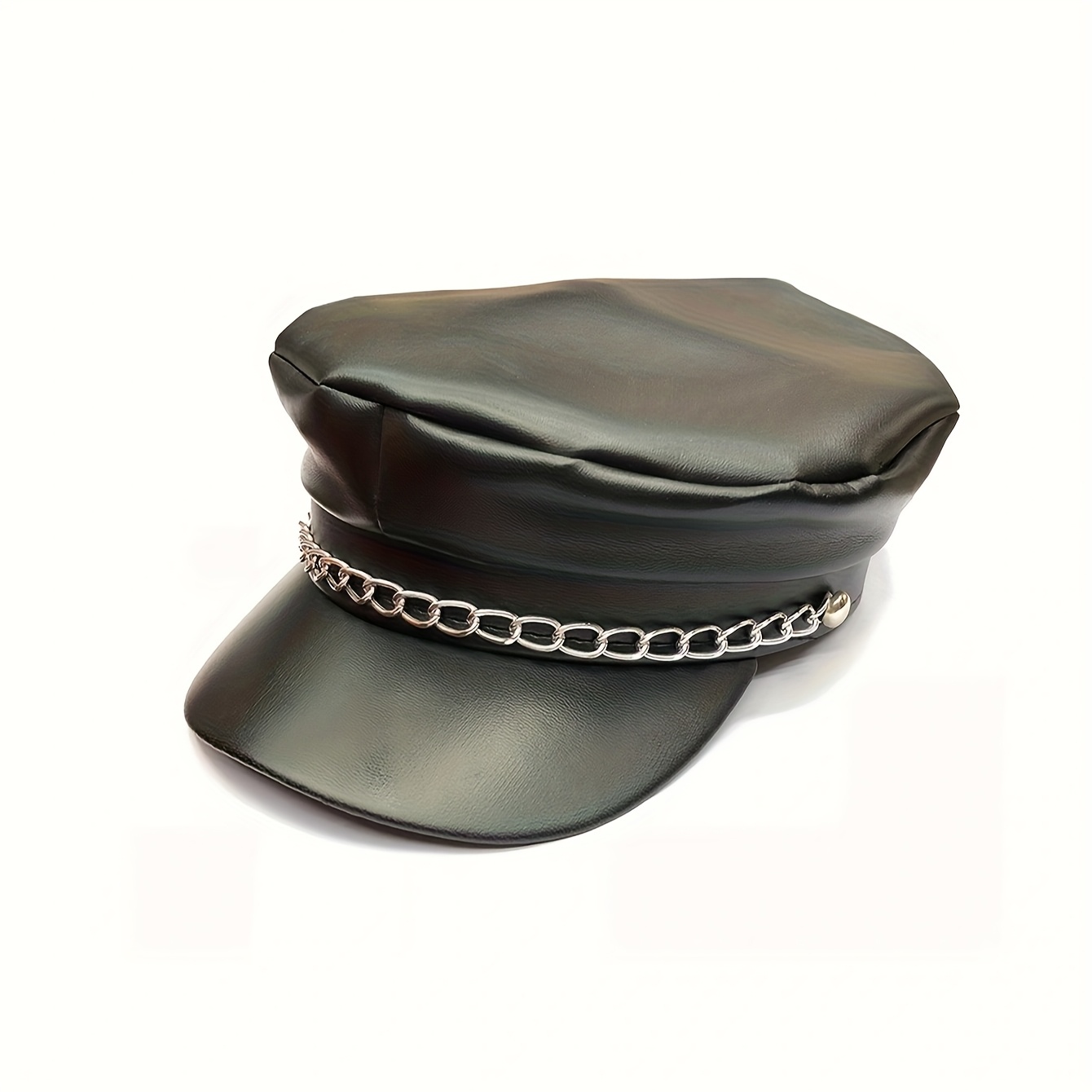 E-shop Vintage Nischen- Zeitungsjungenmütze aus PU-Leder mit Metallkette, flache Oberseite, kurzer Schirm, marineblaue Mütze für Herren Damen