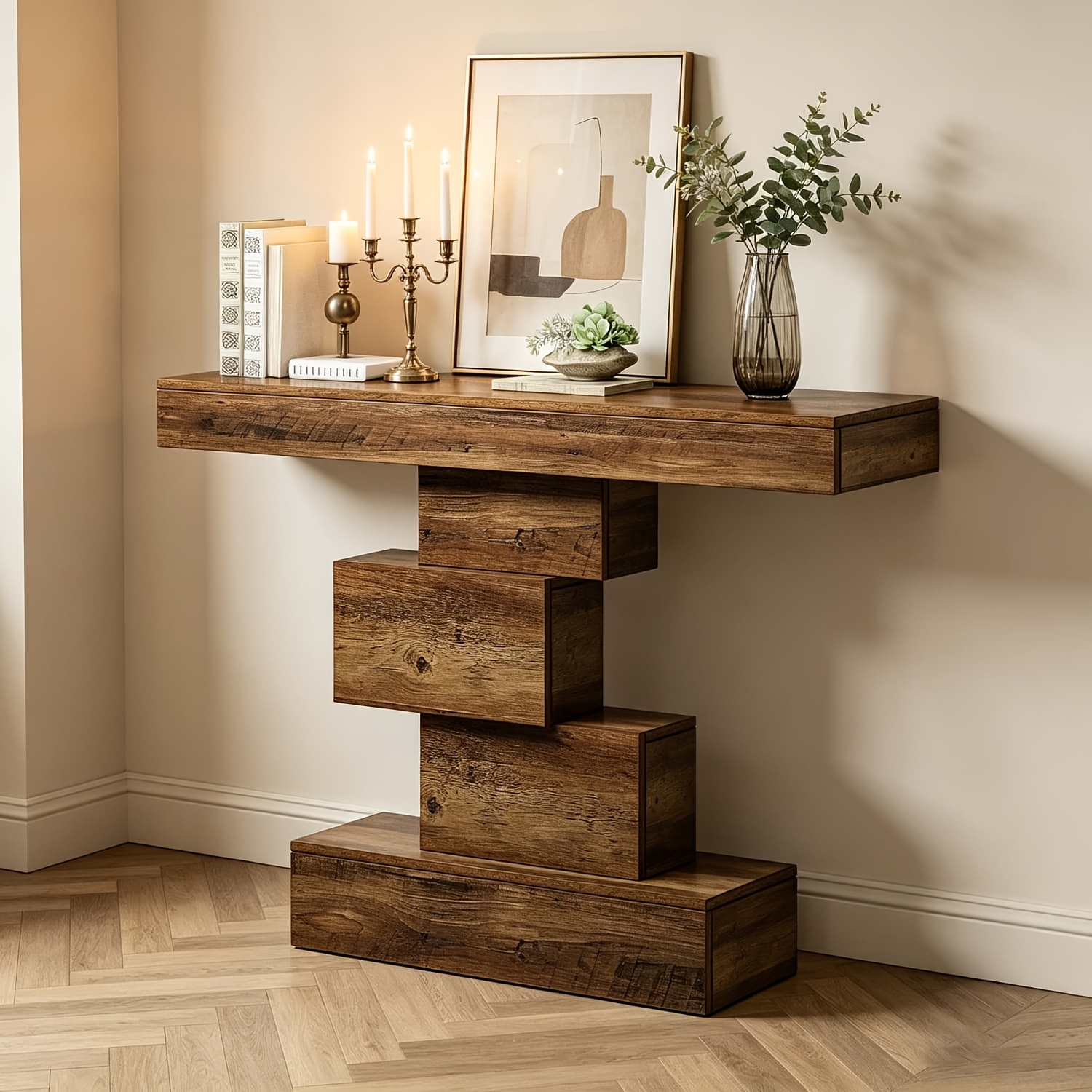 Image of 42.5 Inch Farmhouse Console Table, Narrow Wood Sofa Table Behind Couch, Geometric Base Industrial Accent Table For Living Room, Hallway And Entrance, Light Brown