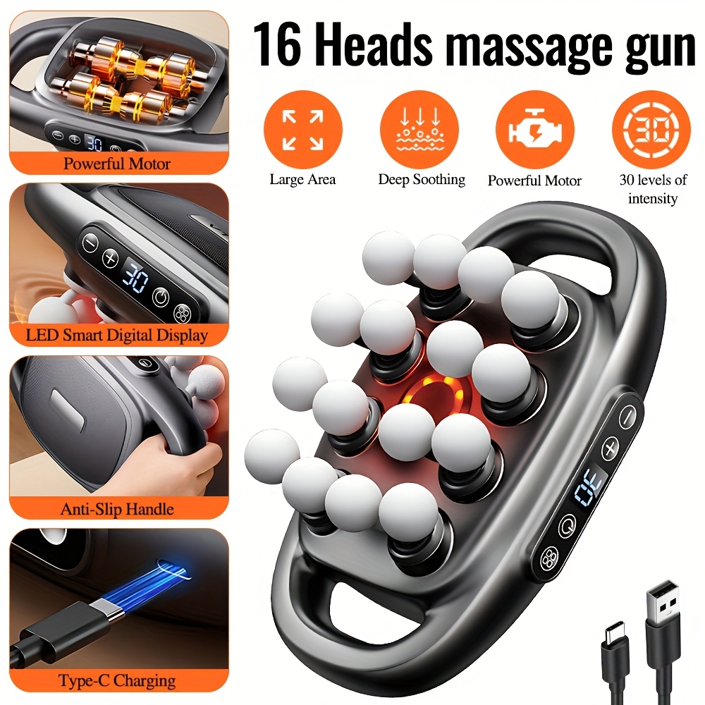 16 Head Massage Gun Set, Deep Tissue Massage Gun Portable with 3 Modes & 30 Intensities, Red Light, Powerful Power, Quiet Percussion Massager for Legs, Waist, Buttocks Muscles, for Home Travel, Gift for Friends And Family, Brithday Gift