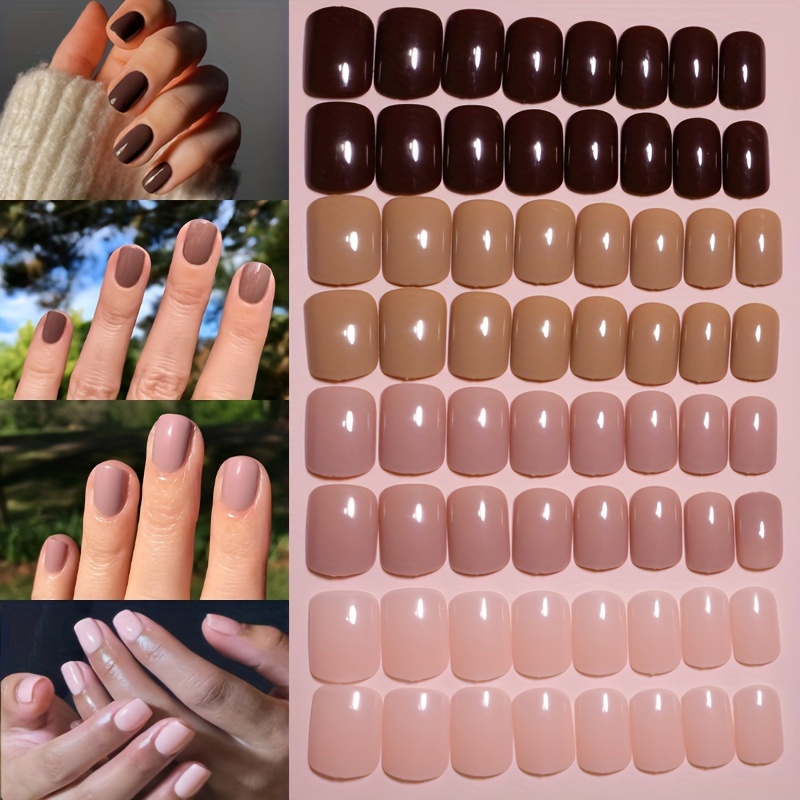 

96pcs Autumn & Winter Collection: Short Square Press-on Nails In Brown & Nude Shades - Includes 4 Color Options, Hands, Feet & Nail Care