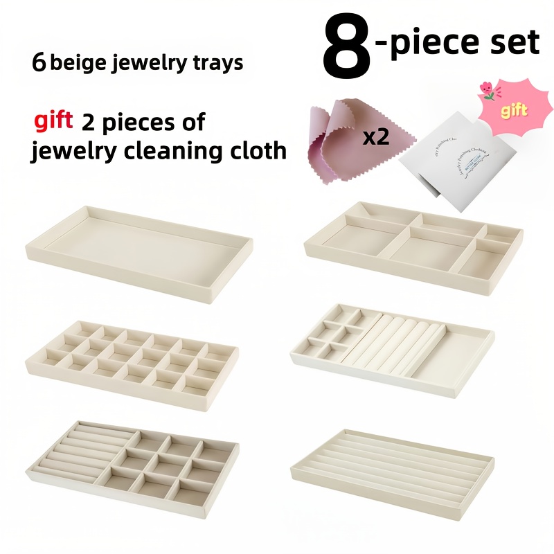 TEMU 8pcs Jewelry Towers & Organizers Set, 6pcs Jewelry Trays With 2 Jewelry Cleaning Cloths Included, In & Gray Options. Jewelry Display Trays -