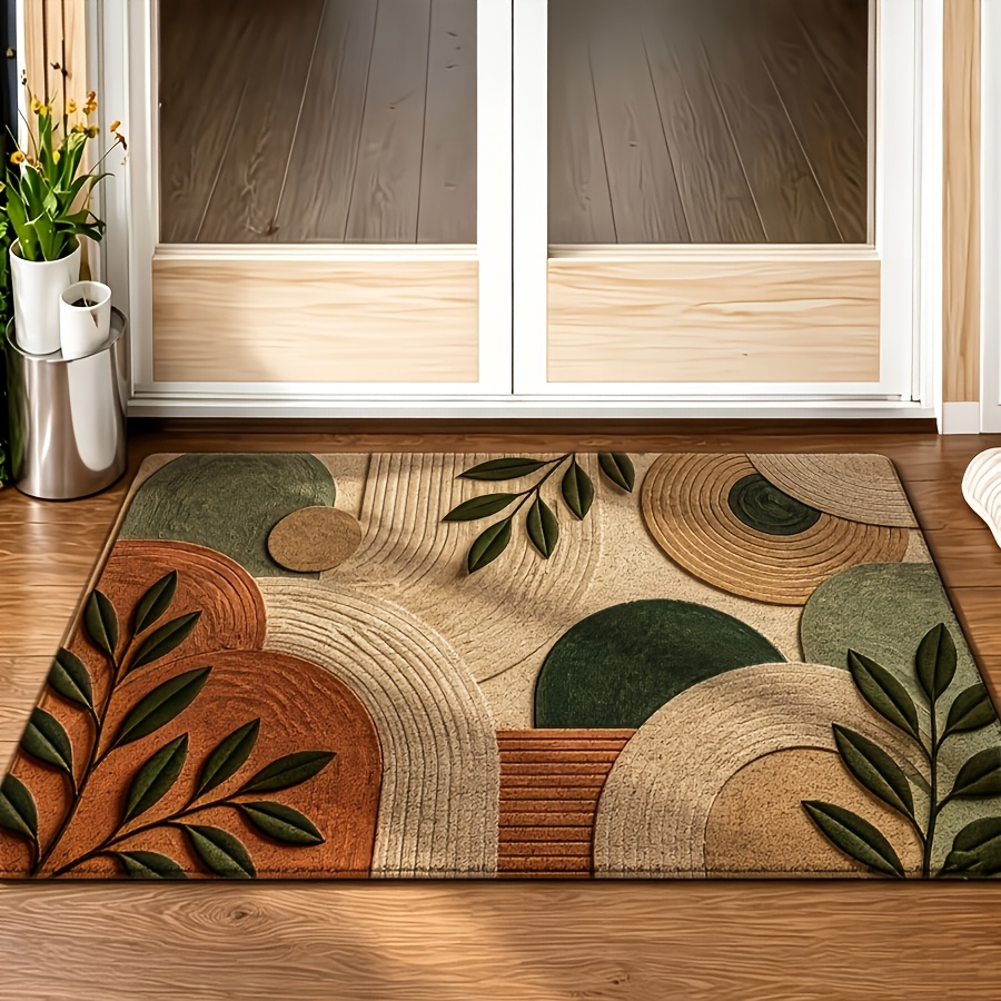 TEMU Doormat, 1pc 2d Flat Printing Flannel Material Door Mat, Outdoor Courtyard Door Mat, Nordic Style Green Plant Geometric Pattern Kitchen Mat,