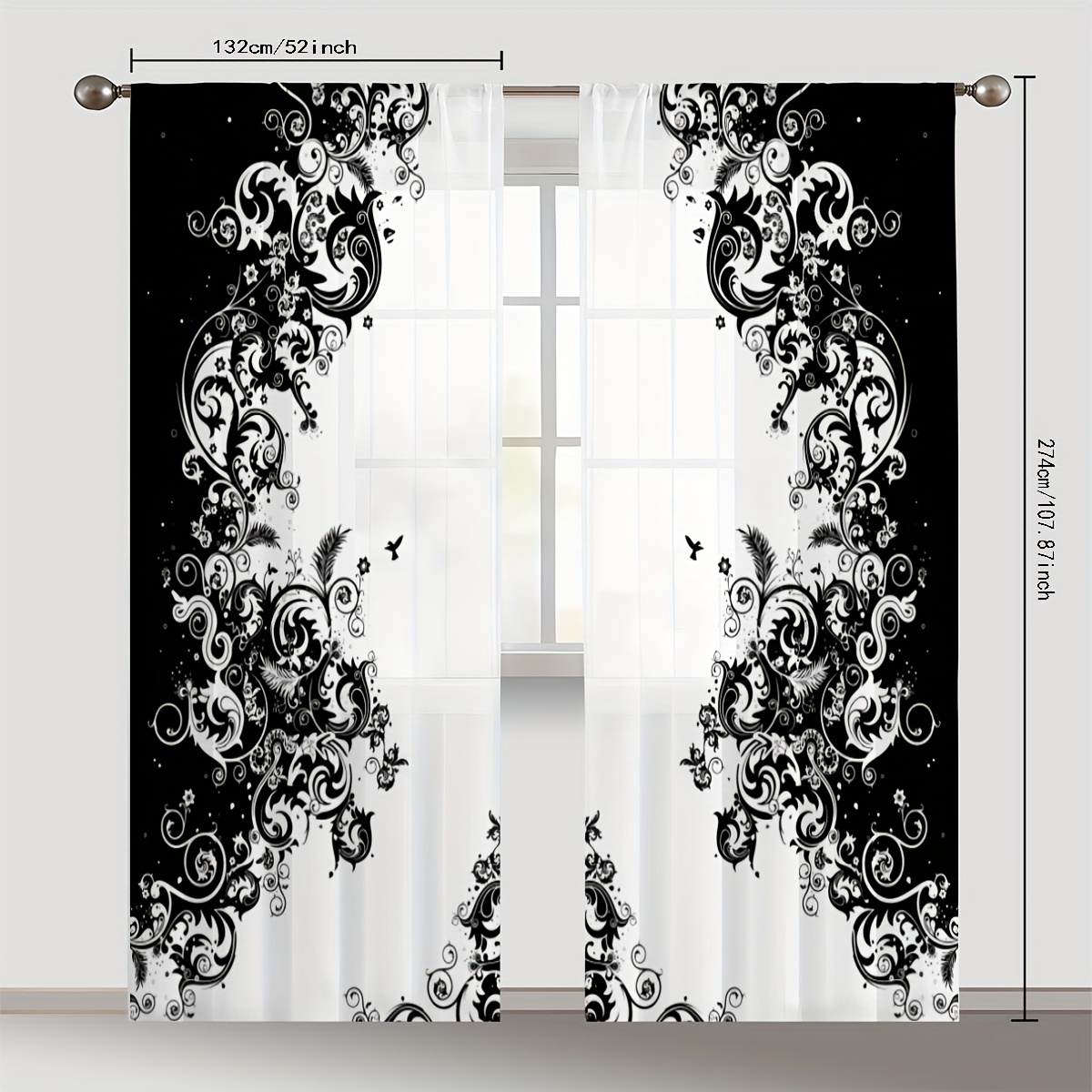 TEMU 2pcs Black Abstract European Pattern Curtain Curtain, Bar Gauze Curtain, Translucent, Living Room Bedroom Curtain, Room Decoration, Light Washed