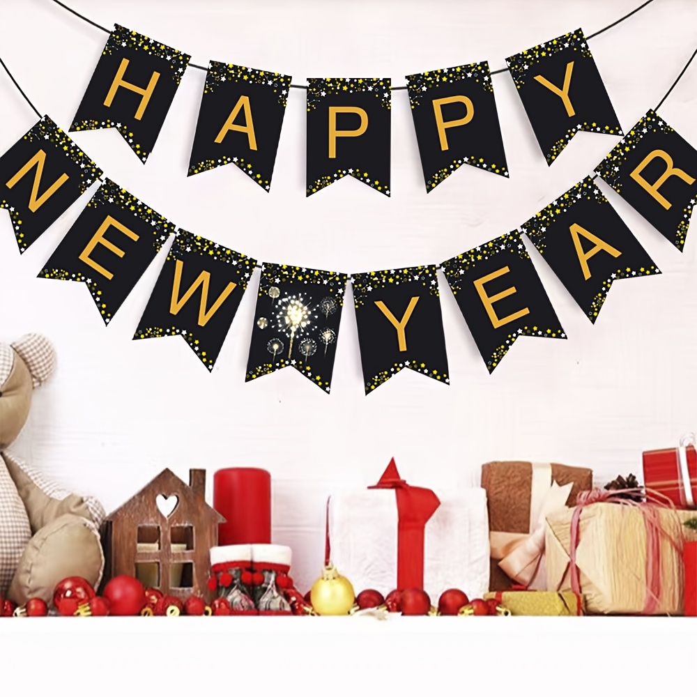 TEMU 1set Happy New Year Banner Black Bunting With Gold Alphabet For New Year Party Eve Party Decorations