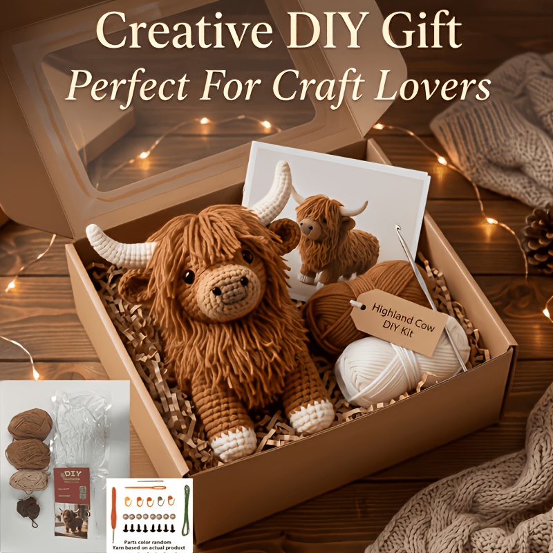 TEMU 1 Set - Fluffy Long-haired Highland Cow Crochet Kit For Beginners - Amigurumi Adult Crochet Handmade Diy - Beginner's Crochet Kit - Includes