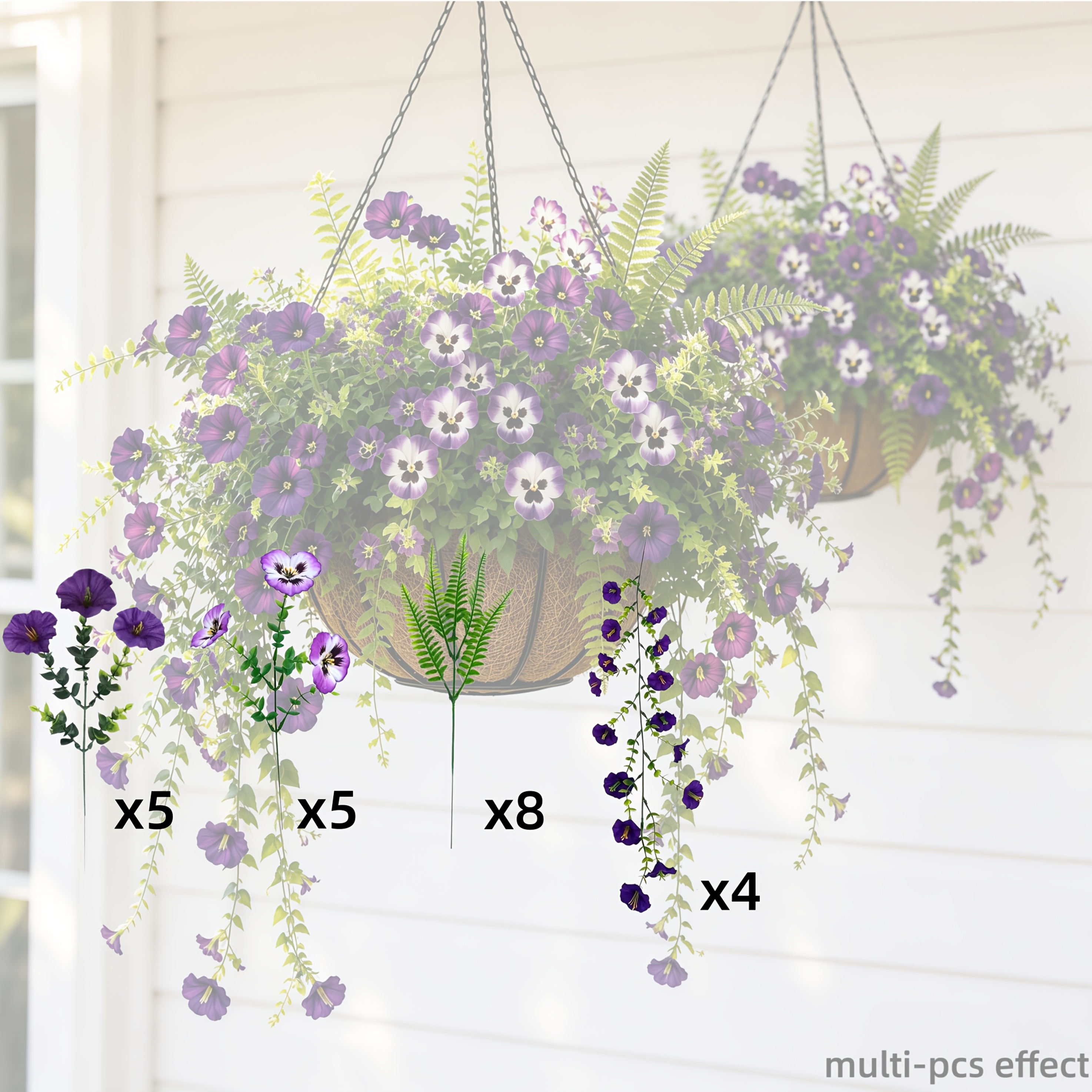 TEMU 22pcs - Purple And White Pansies   Purple Morning   Persian Leaves   Vine Hanging Basket Set, Realistic Artificial Flower Bouquet, High-quality