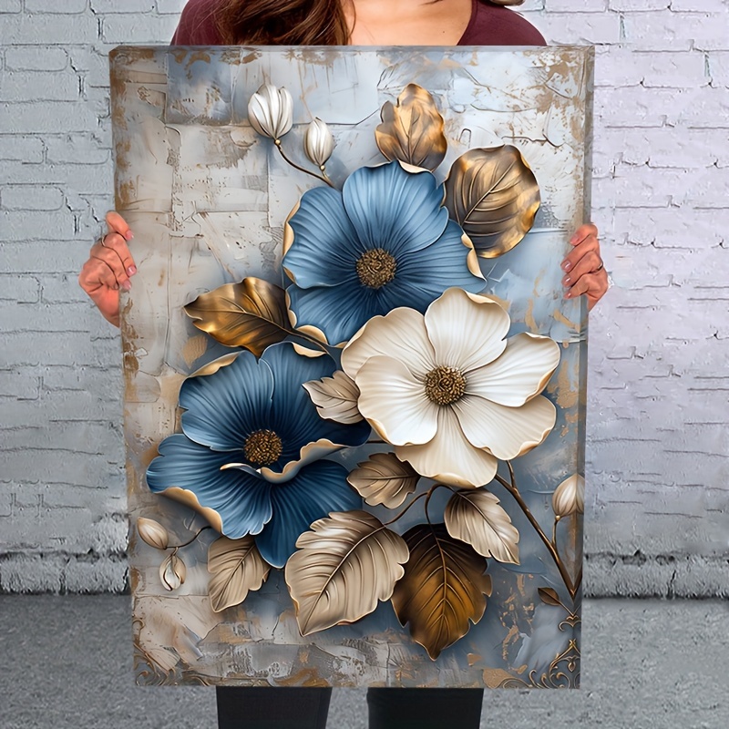 

1pc2d Wooden Framed Canvas Painting Blue White Flowers Wall Art Prints For Home Decoration, Living Room & Bedroom, Festival Party Decor, Gifts, Ready To Hang