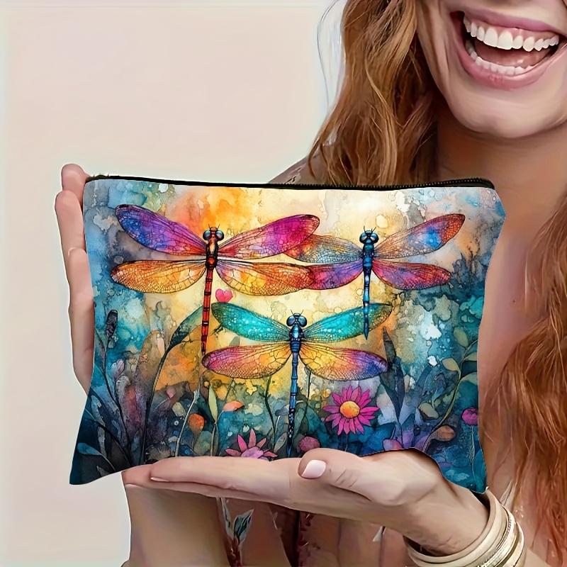 TEMU Watercolor Dragonfly Floral Illustration Pattern, Multifunctional Travel Toiletry Bag, Emergency Snack Pouch, Durable Polyester Zippered