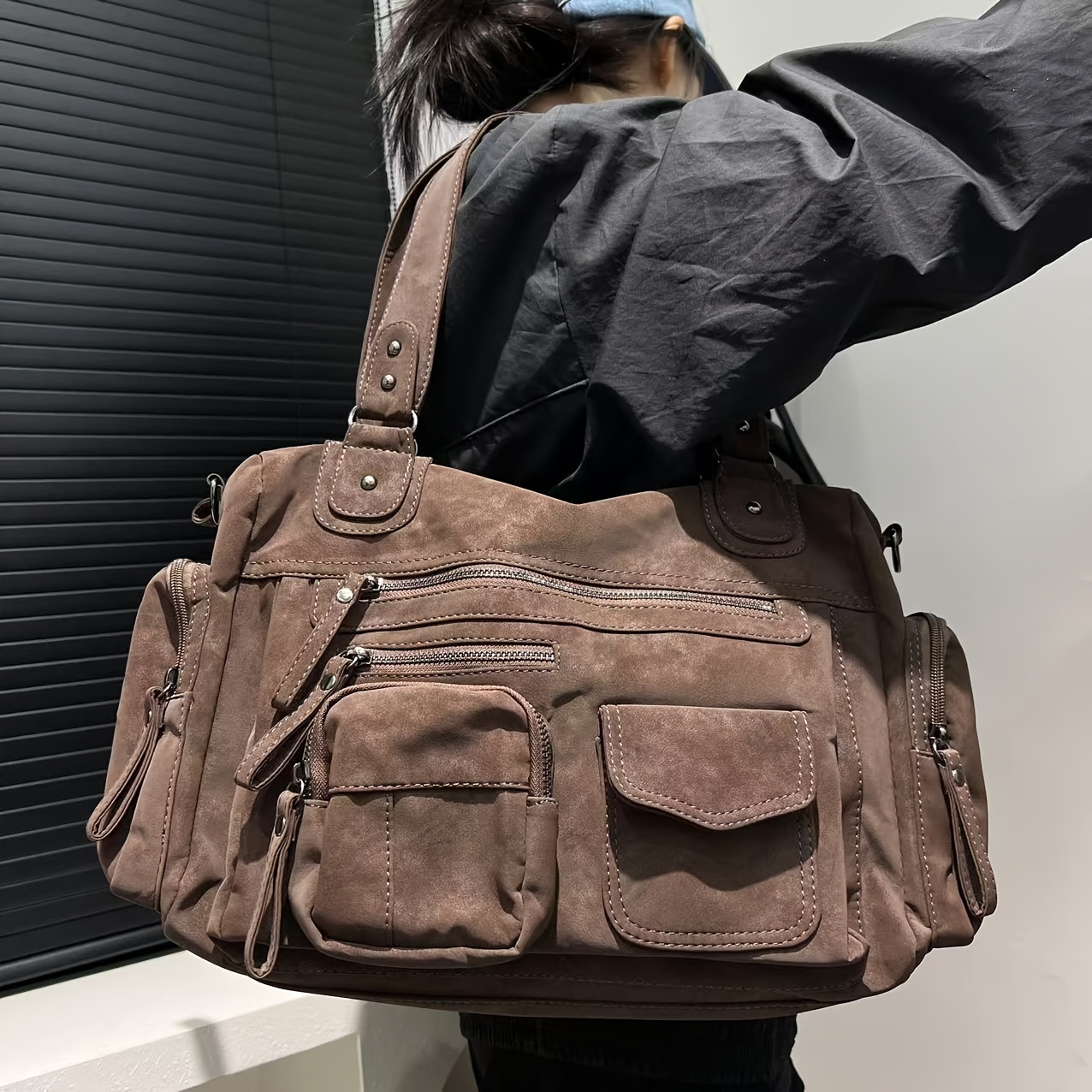 Women's Personalized Y2k Spicy Motorcycle Bag, Street Style, Retro Style Frosted Suede Pu Handbag - , Suitable For Work, Commuting, Dating, Parties, Large Capacity Multi-pocket Shoulder Bag