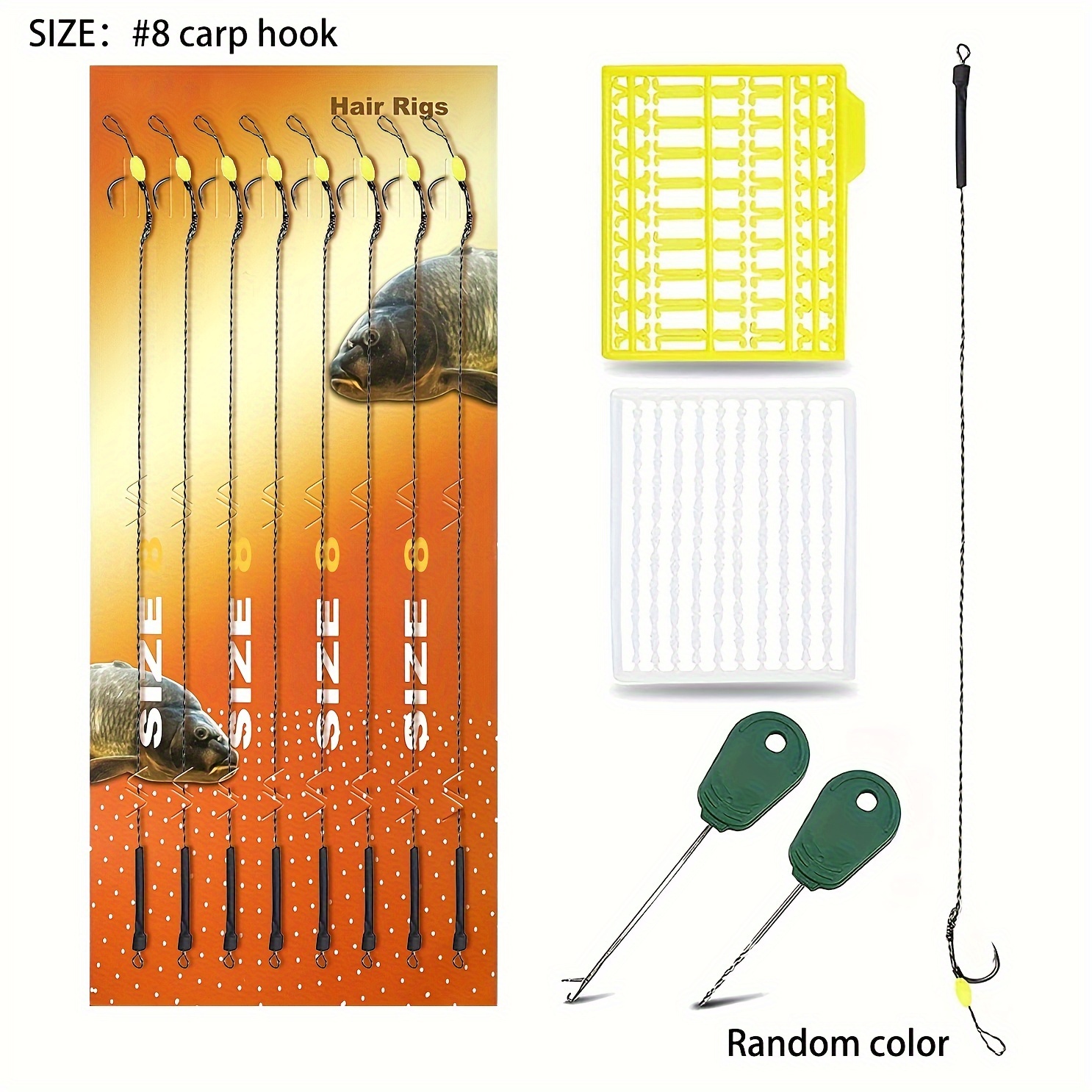 Image of 8pcs Carp Fishing Hair Rigs, Carp Hook Rig With Braided Line, Carp Leader With 2 Boilie Stoppers And 2 Needles, Accessory Colors Random