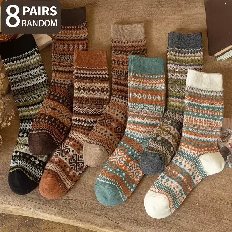 TEMU 8-pair Women's Random Retro Ethnic Style Casual Mid-calf Socks, Soft Comfortable Classic Vintage Style , Home Socks, Suitable For Daily And