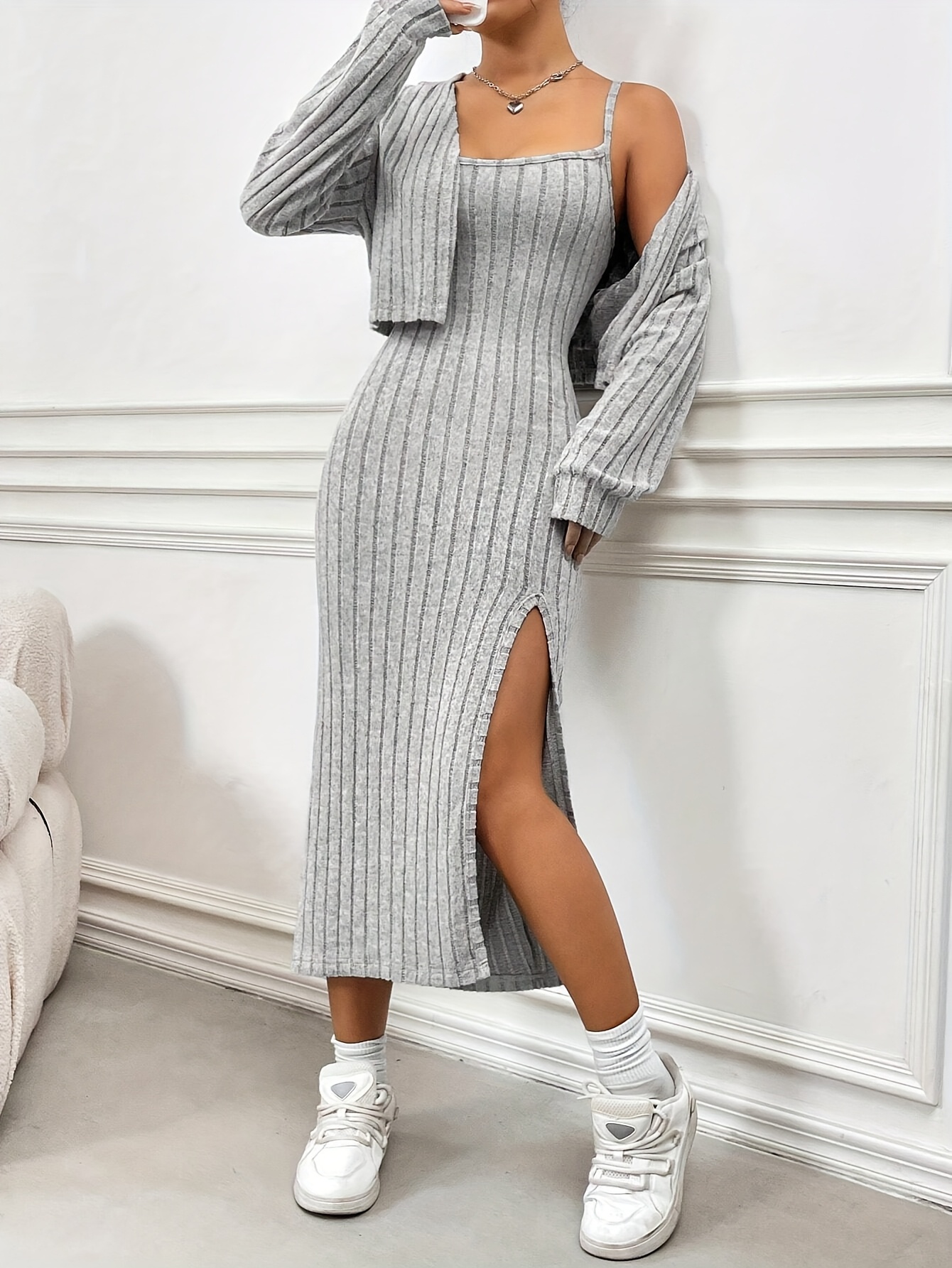 casual simple knit ribbed tight dress set long sleeve short - Temu