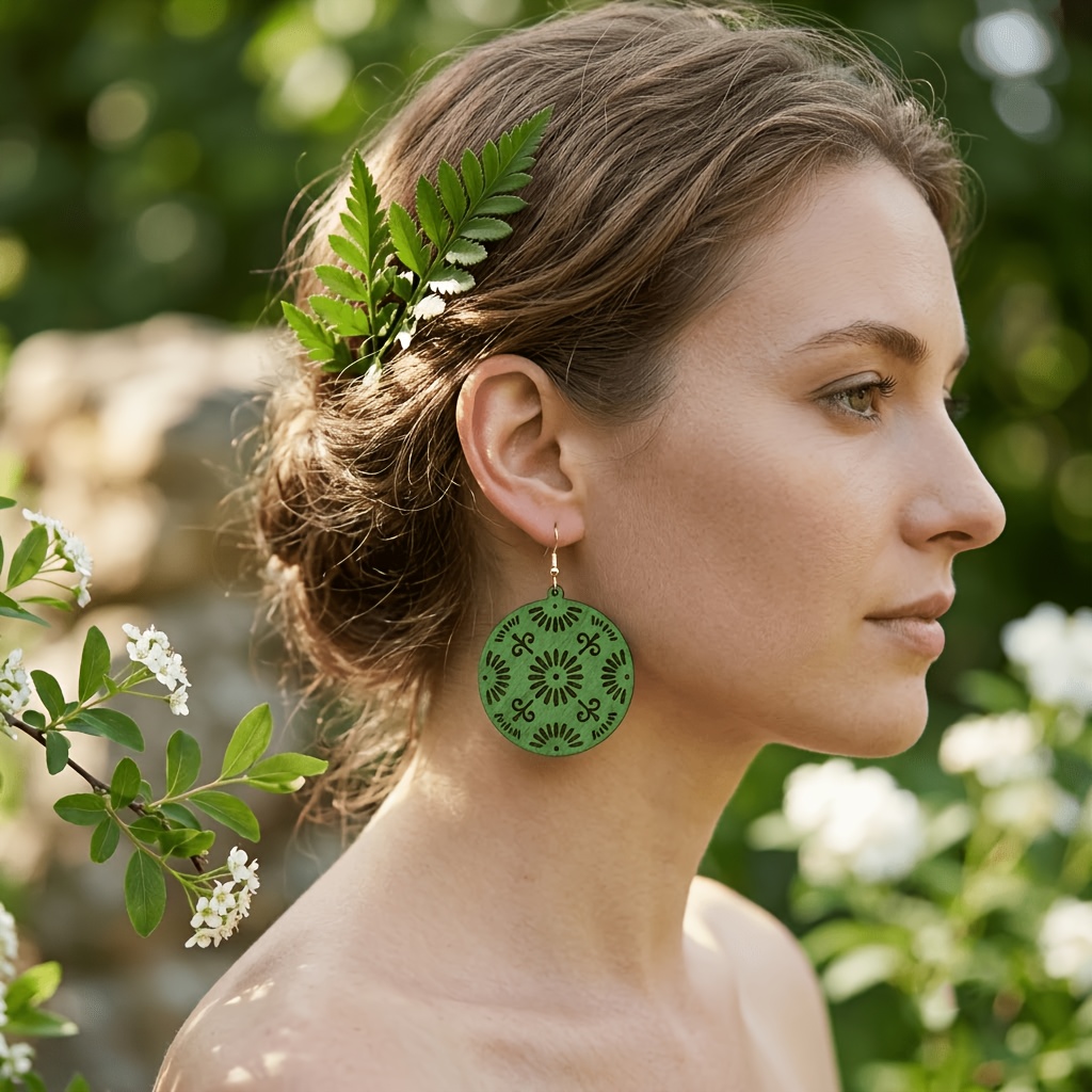 4-Pair Vintage Round Mandala Wooden Drop Earrings Set