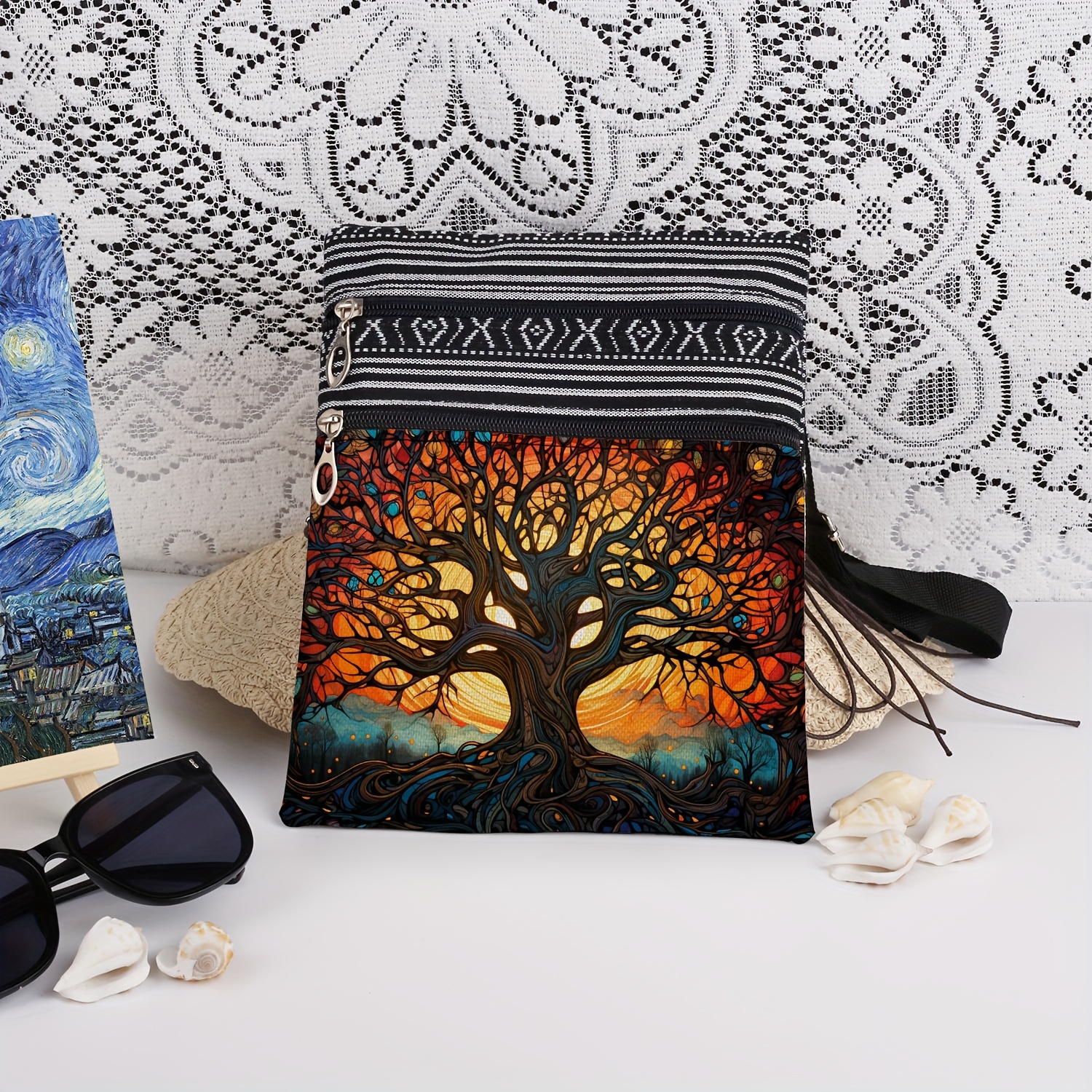 TEMU Borsa a tracolla da donna Fantasy Iridescent Glass Tree, borsa portaoggetti e bella, clutch portatile con cerniera Life Tree