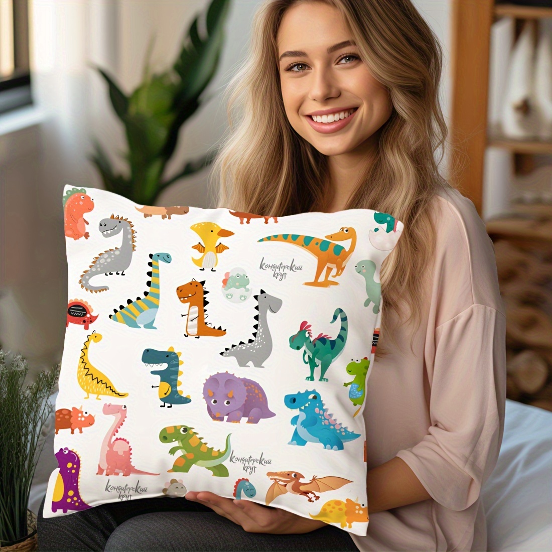 

[popular ] Cute Dinosaur Illustration Velvet Pillow Cover 45x45cm, Zippered Single-sided Print Cushion Case For Car, Living Room Sofa, Bedroom - Machine Washable, Polyester, Dinosaur Room Decor