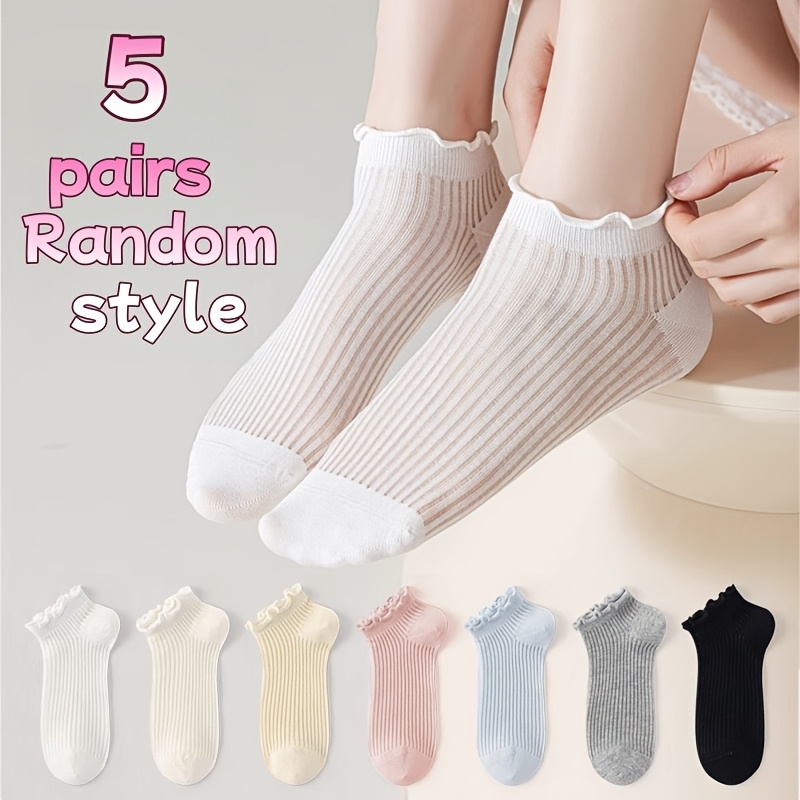 TEMU Random 5 Pairs, Women's Summer Thin Boat Socks, Breathable Mesh Sheer Crystal, Japanese Cute Short Socks