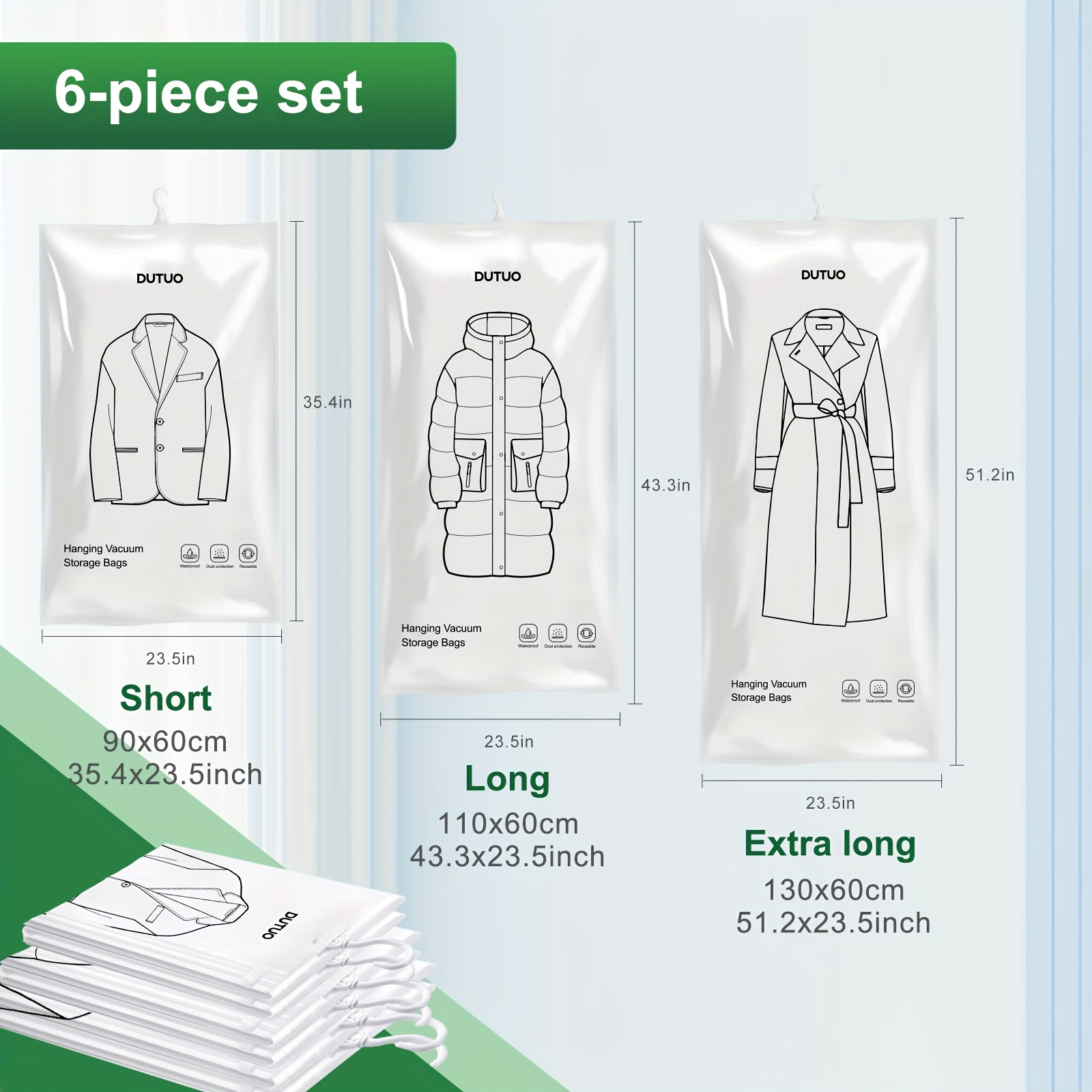 Image of 6pcs Hanging Vacuum Storage Bag Set, Space- Vacuum Sealed Bags, Extra Thick Long Size Storage Bags, Suitable For Closet Organization, Suits, Dresses, Hanging Vacuum Storage Bags, With Hooks