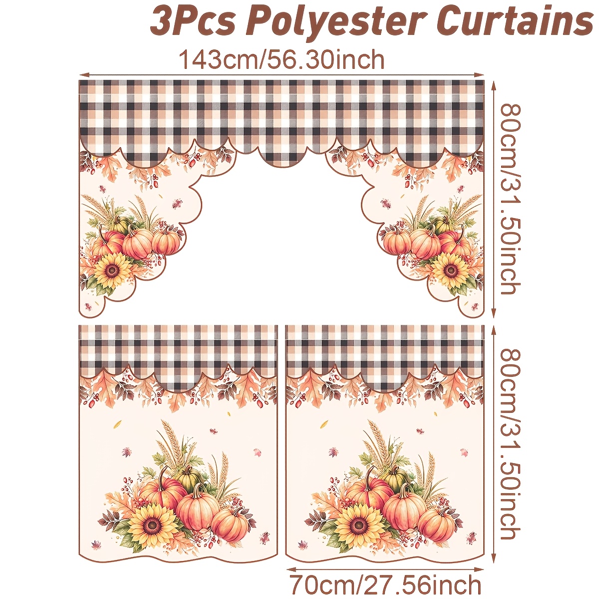 TEMU 3pcs, Themed Kitchen Curtain Set, Pumpkin And Sunflower Patterns Tier Curtains Set, Kitchen Curtains For Windows, Ideal For Fall Themed Decor,