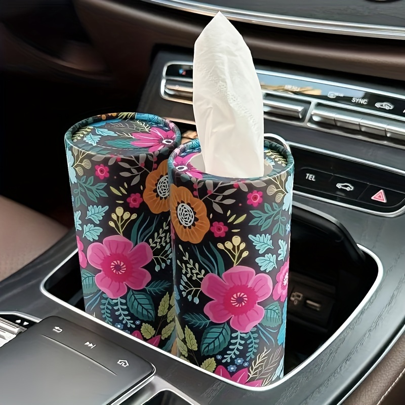 

2-pack Floral Car Tissue Holder With Round Paper Tube - Portable Cylinder Tissue Box For Vehicle Cup Holder With 40 Tissues Included