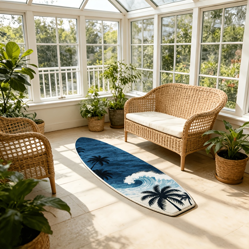 TEMU A Soft And Comfortable Rug Designed Like A Vintage American Surfboard In Blue, Featuring A Minimalist Coconut Tree Pattern. It' For Outdoor Use,