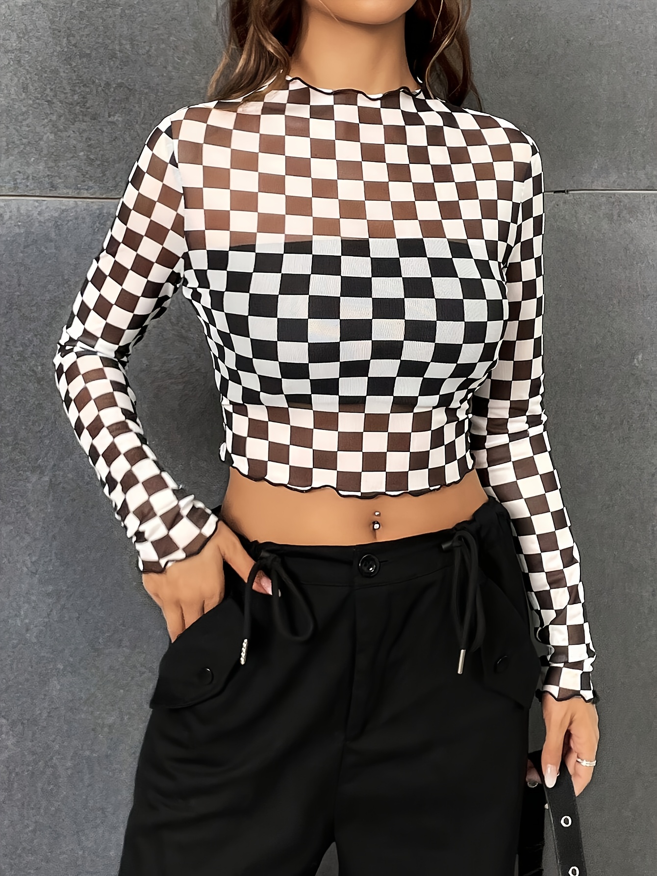 Black Checkered Crop Top Long Sleeve Women's Sheer Mesh Checkered
