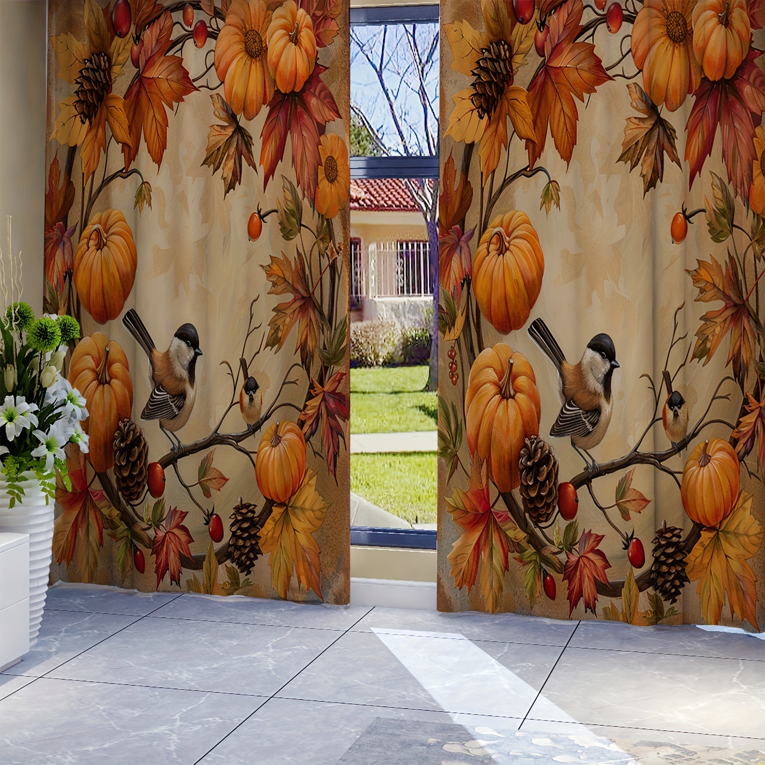 

2-pack, All-season Round Ring Pumpkin Maple Leaf Pine Nut Print Curtains, Living Room Curtain Rod Pocket Curtains Living Room Furniture Decor Home Decor