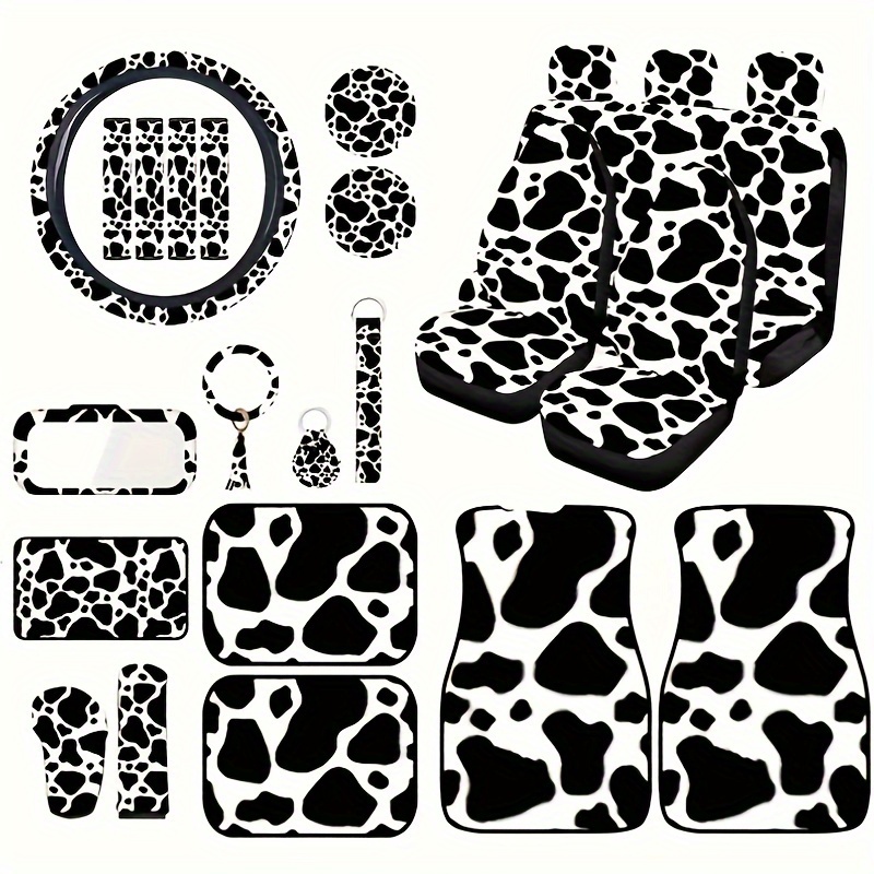 TEMU 25pcs Set Of Leopard-themed Car Additions Including Seat Covers, Steering Wheel Cover, License Plate Frame, And Rearview Mirror Cover